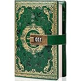 TIEFOSSI Vintage Leather Journal Notebook with Combination Lock, A5 Embossed Flower Secret Diary Ruled Lined Paper for Writing, Gift for Women Girls Children (Green)