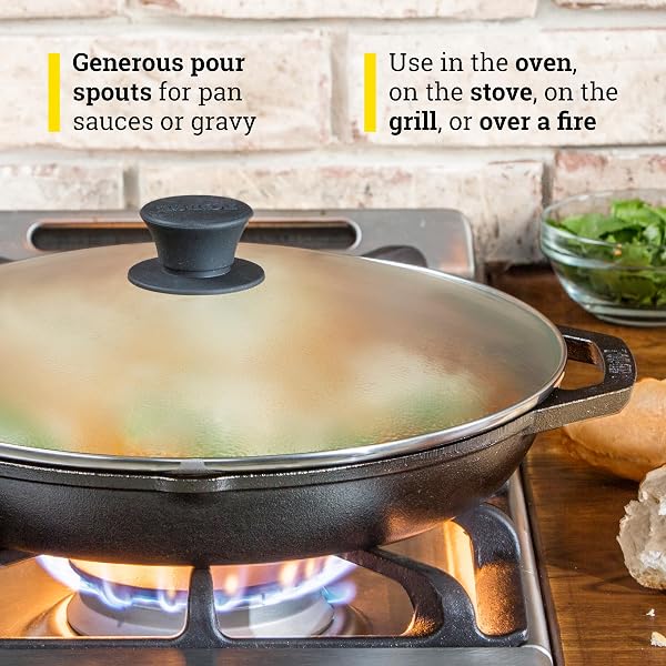 LODGE 12 INCH CAST IRON EVERYDAY PAN – CHEF COLLECTION – USE ON OVEN, STOVE, GRILL, OR FIRE – EASY TO CLEAN – CAST IRON PAN WITH LID – DURABLE COOKWARE