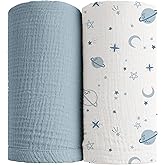 Konssy Muslin Swaddle Blankets for Boys Girls, 2 Pack Receiving Baby Blanket Large 47 x 47 inches, Soft Breathable Swaddling Wrap for Unisex Newborn (Star,Blue)