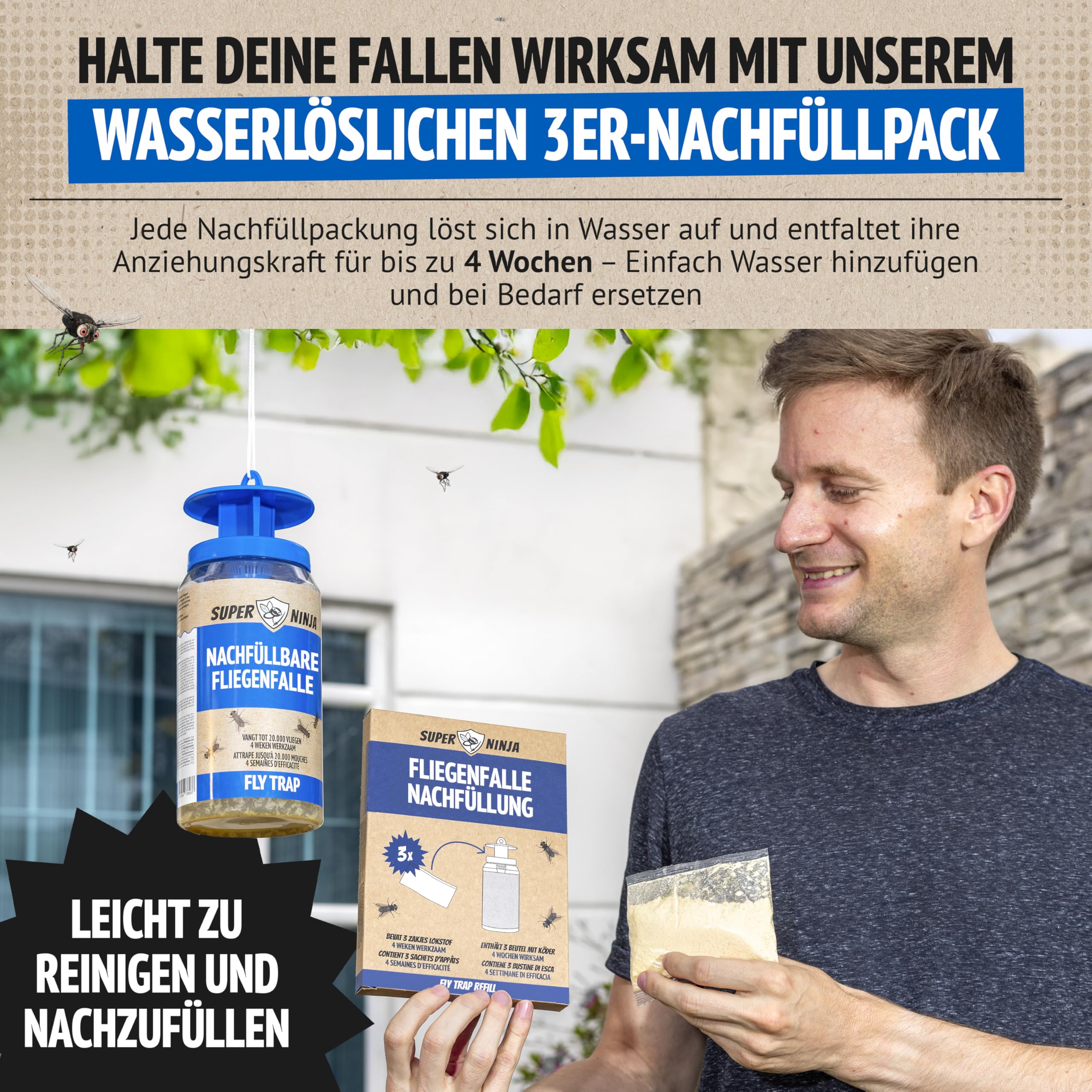 Super Ninja Fliegenfalle Draußen – Wiederverwendbare Fliegenfänger mit nachfüllbarem, Nicht-giftigem Lockstoff, Fängt bis zu 20.000 Fliegen, 4 Wochen Schutz, Mit wasserlöslichem Beutel 6