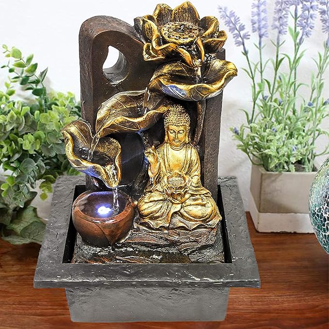 GEEZY Indoor Tabletop Fountain Water Feature LED Lights Polyresin