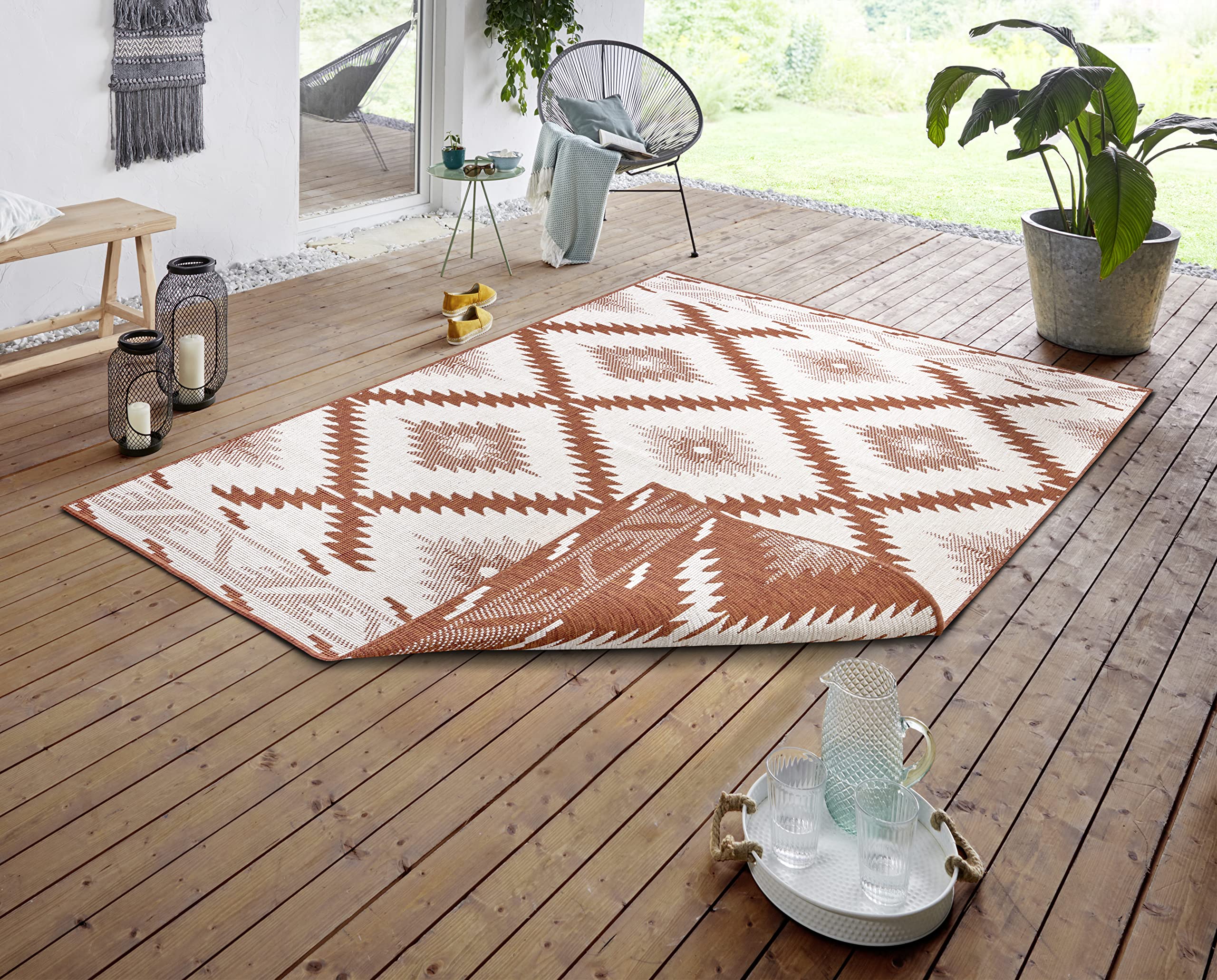 NORTHRUGS Cayenne Indoor and Outdoor Rug Malibu 80 x 150 cm Reversible Rug Weatherproof Modern Geometric Pattern Runner for Balcony Patio Garden Conservatory Living Room Rug Waterproof