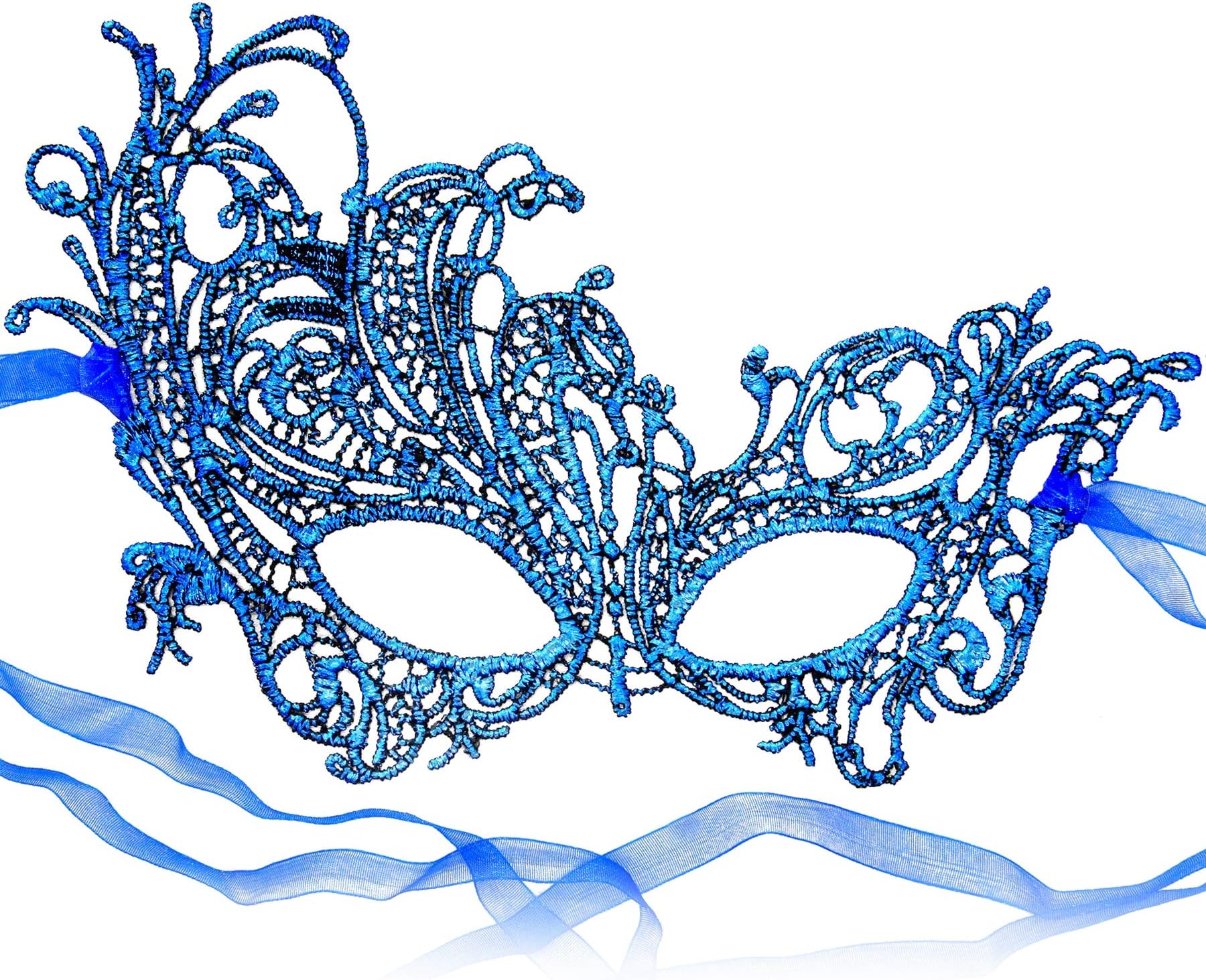 RXBC2011 Women Lace Sexy Masquerade Party Ball Face Eye Mask Navy Organza Ribbons