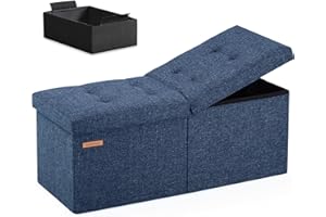 HAUSFRAU 31.5 Inches Ottoman with Storage Bench, Folding Ottoman Bench Small Foot Rest Stool, Bedroom Bench with Flipping Lid, Linen Navy Blue