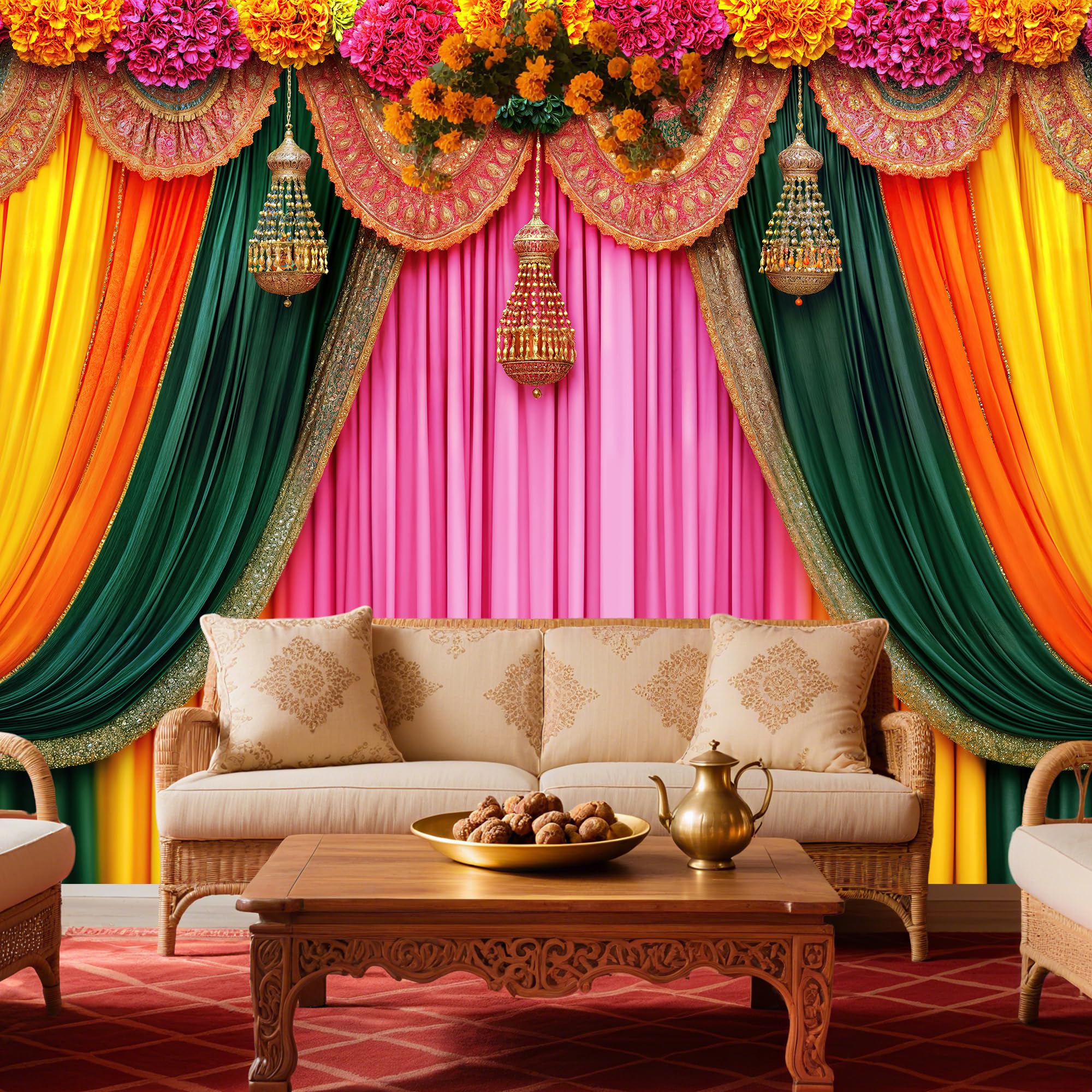 Photo 1 of 10x8ft Indian Pooja Photography Backdrop, Indian Religious Traditional Festival Backdrop, Diwali Puja Ganpati Pooja Mehndi Wedding Party Decorations, Marigold Yellow Curtain Background