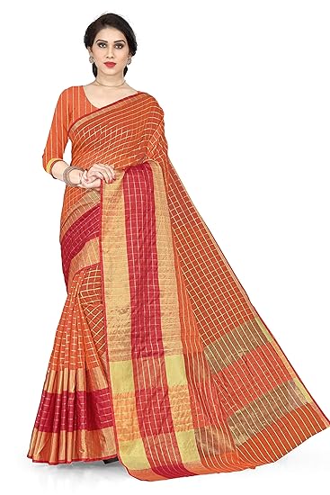 Traditional Poly Cotton Checks Zari Woven Design Saree For Women With Un-Stitched Blouse Piece