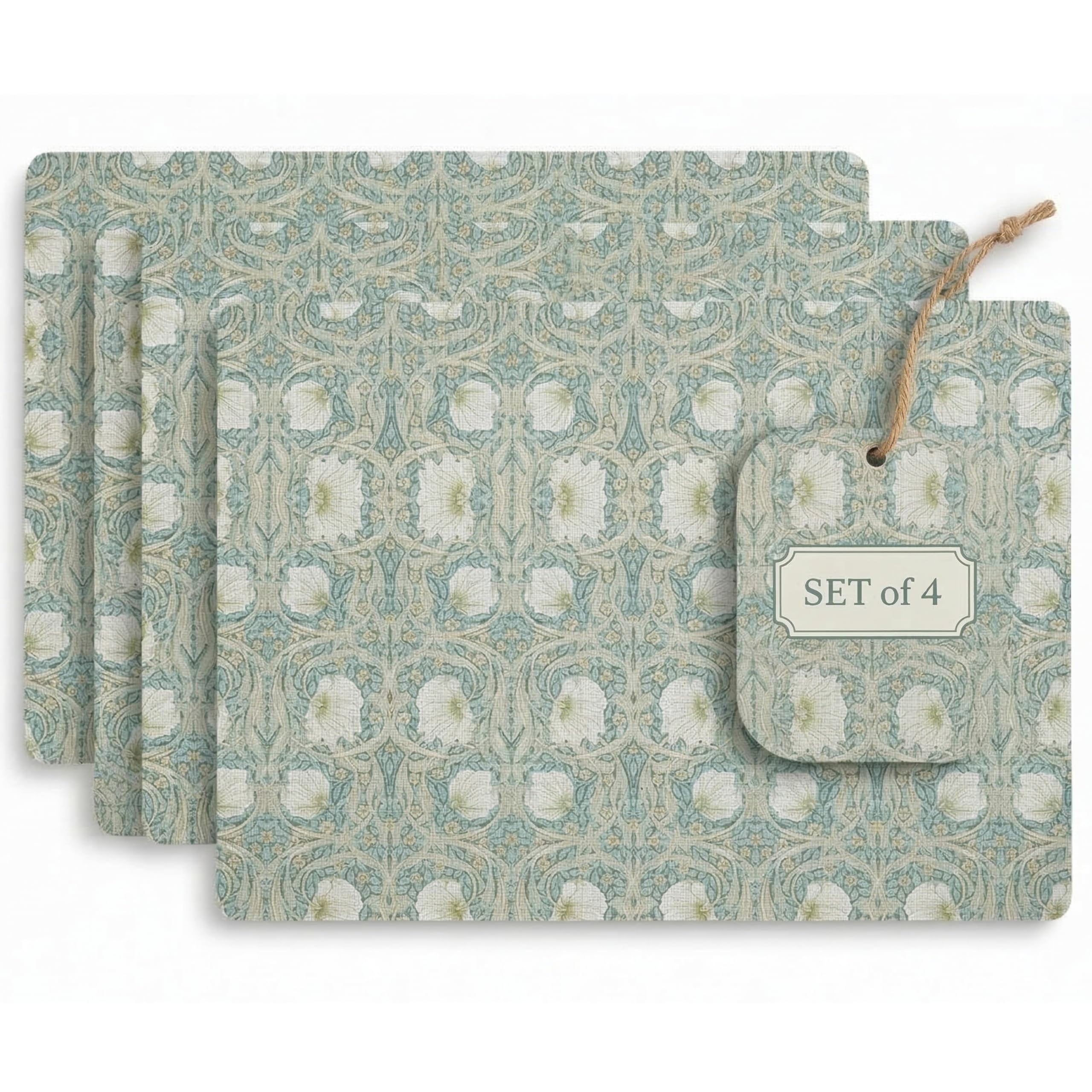 Pimpernel x Spode Morris & Co Set of 4 Placemats - Green Floral Cork-Backed Table Mats, Gift Boxed and Designed to Protect Against Heat and Stains