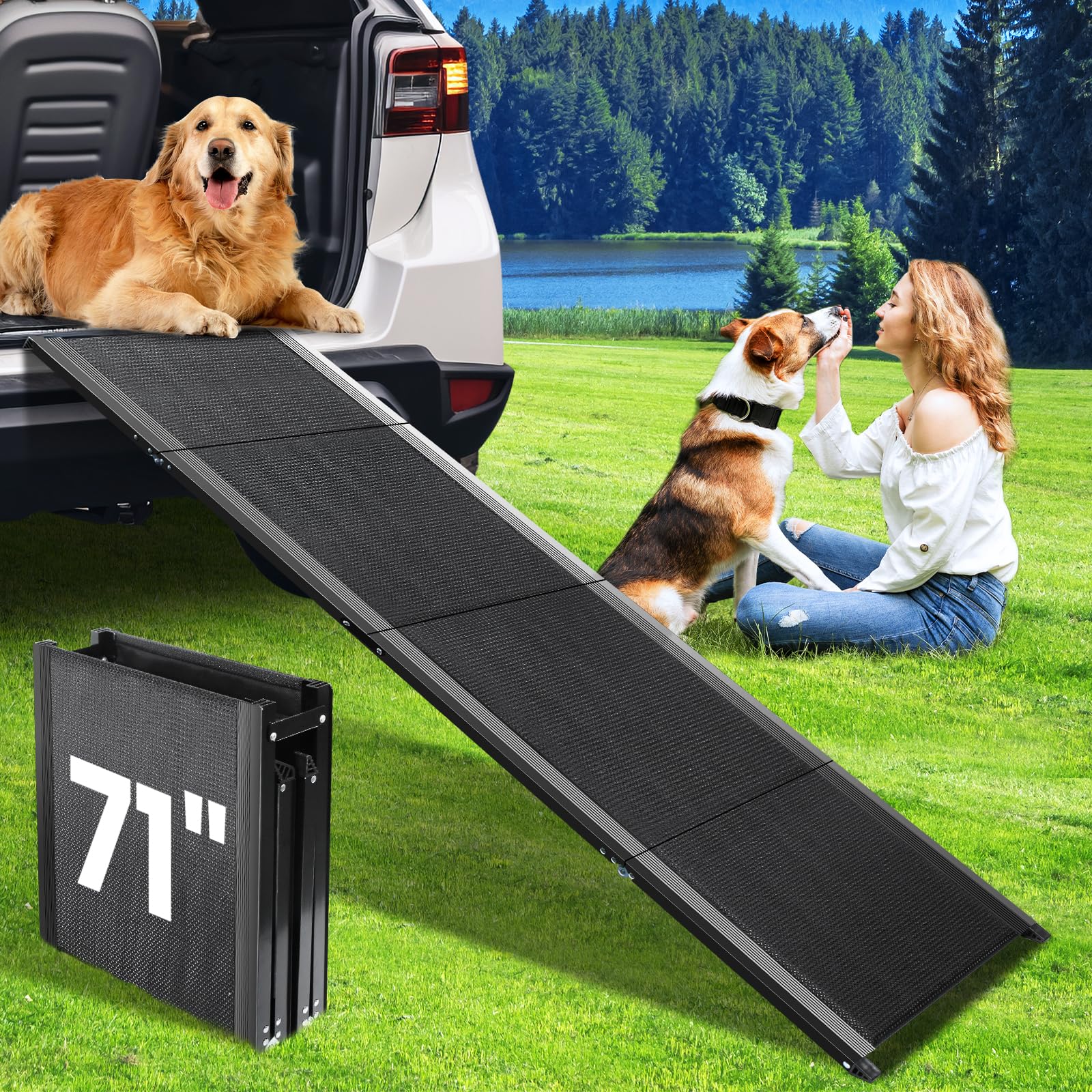 Photo 1 of Dog Ramp for Car, 71''x 17'' Extra Long Folding Dog Ramps, Pet Ramp for Large Dogs with Non-Slip Rug Surface, Portable Dog Steps Up to 250LBS, Outdoor Dog Ramp for Car, SUV, Truck