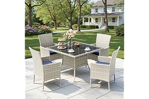 Sweecci Outdoor Dining Set, 5-Piece Patio Furniture Set with Tempered Glass Table and 4 Cushioned Chairs, Dual-Strand Wicker Rattan, Balcony Furniture for Backyard, Garden, Deck,– Navy Blue
