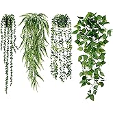 Sggvecsy Fake Hanging Plants 4 Pack Artificial Hanging Plants Fake Potted Greenery Faux Eucalyptus Vine String of Pearls Boston Fern Ivy Vine Leaves for Home Indoor Outdoor Shelf Wall Garden Decor