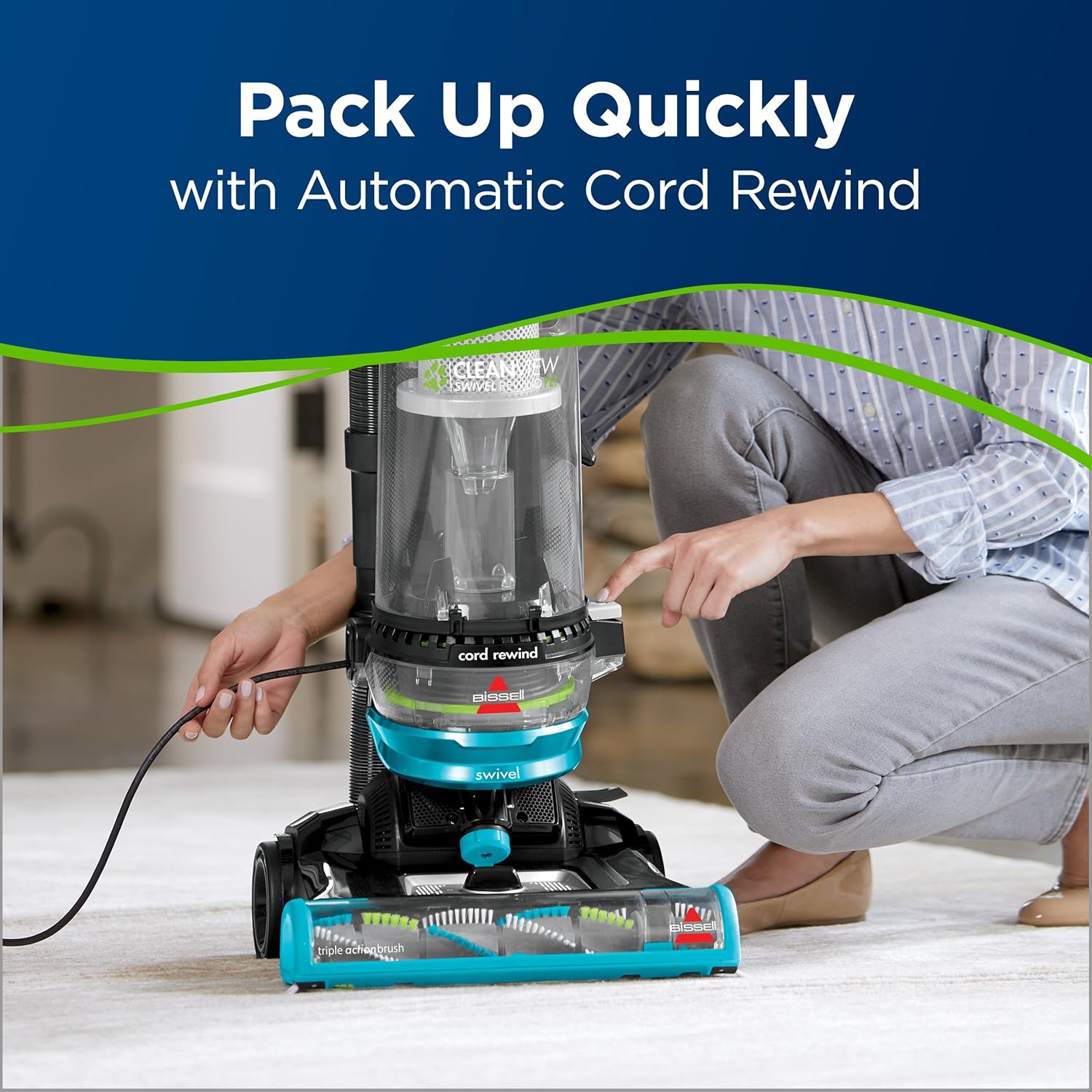 BISSELL Cleanview Swivel Rewind Pet Upright Bagless Vacuum Cleaner, Teal -