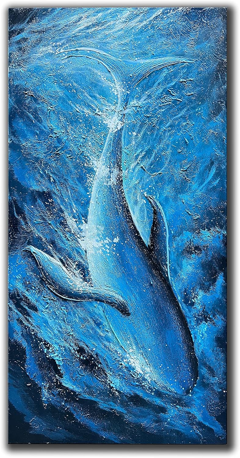 Paintings - JELRINR Abstract Art Oil Painting On Canvas Blue ocean whale Abstract Art paintings Hand painted Acrylic paintings Ready to Hang for Living Room Bedroom Home Decorations Modern Stretched and Framed 24x48inch