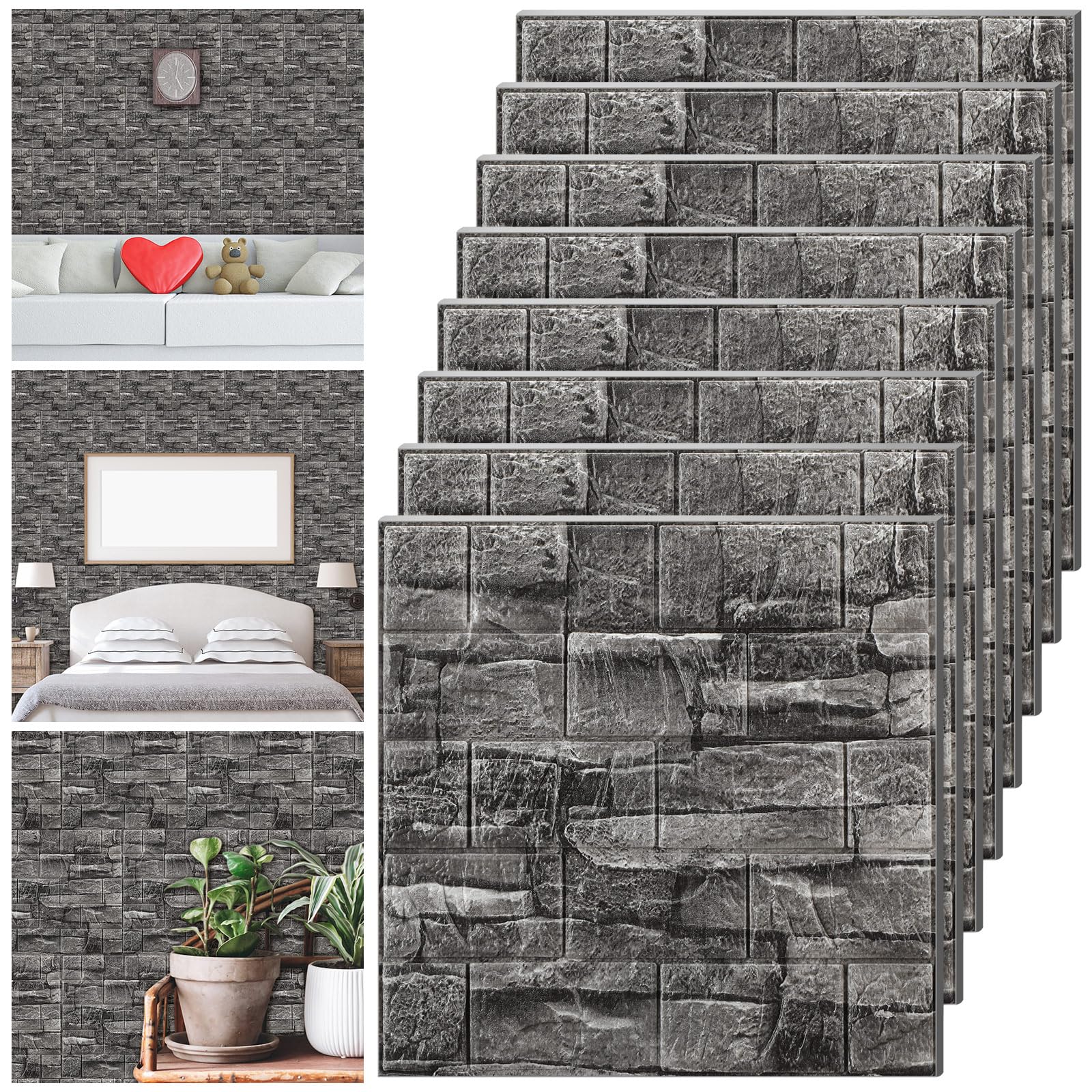 Photo 1 of Tinlade 30 Pcs 28.81 Sq ft 3D Wall Panels Peel and Stick Foam Brick Wallpaper Printable Faux Brick Wall Panels Decorative Self Adhesive Tiles Waterproof(Rock Black)