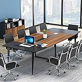 Tribesigns 8FT Conference Table, 94.48L x 47.24W x 29.52H Inches Boat Shaped Meeting Table with Rectangle Grommet, Modern Seminar Boardroom Table for Office Conference Room (8ft, Walnut & Black)