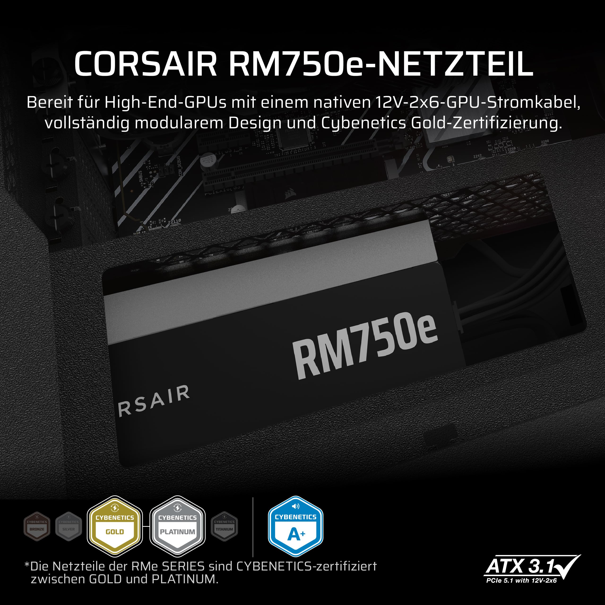 CORSAIR RM750e (2025) Geräuscharmes Vollständig Modulares ATX-Netzteil mit 12V-2x6 Kable – Zero RPM-Lüftermodus, ATX 3.1-Konform, PCIe 5.1-Unterstützung, Cybenetics Gold – Schwarz 2