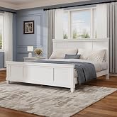 Merax Queen Size Bed Frame with Wood Headboard, Farmhouse White Platform Bed Frame with Sturdy Wooden Support Slats, No Box Spring Needed, Holds up to 800 Pounds, Noise-Free, Easy Assembly