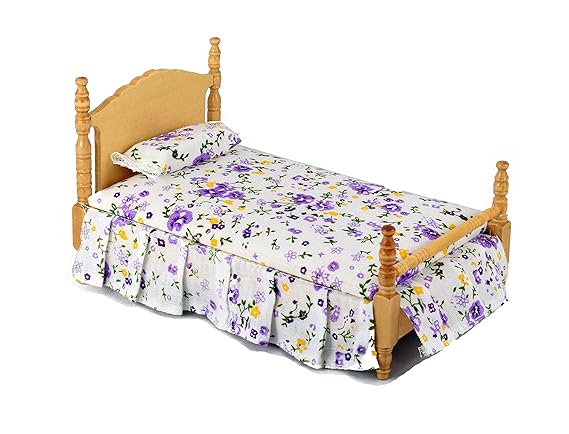 Miniature Dollhouse Bed - Dolls House Furniture Queen Bed- Light Brown 1/12 scale