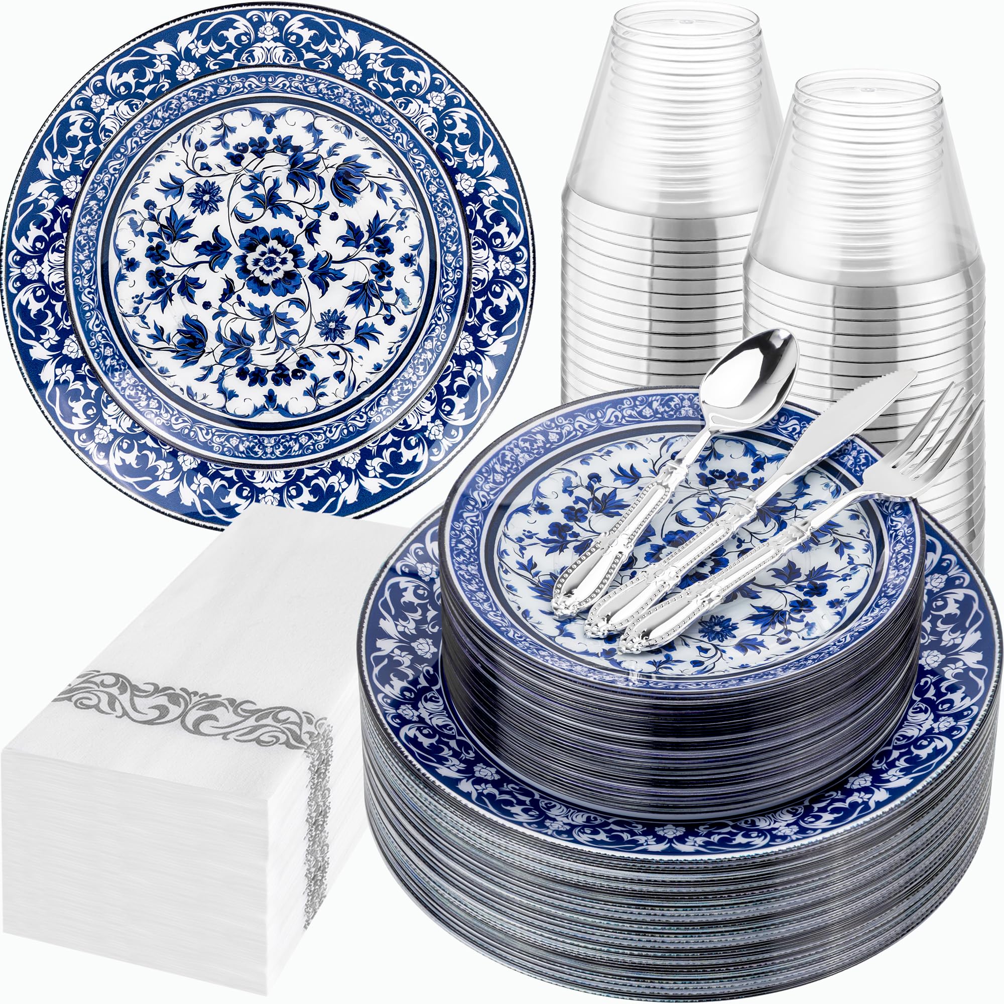 Photo 1 of Hioasis 175PCS Blue Plastic Plates - Floral Disposable Dinnerware Set for 25 Guests, Include 50 Dinner & Dessert Plates, 75 Silver Cutlery, 25 Napkins, 25 Cups Perfect for Party (Art Style)
