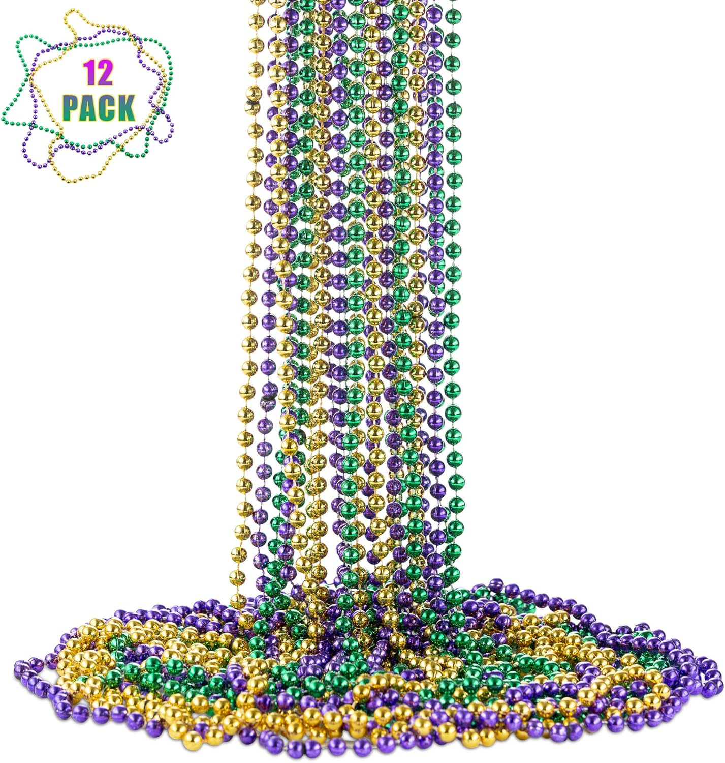 FAVONIR Mardi Gras Assorted Beaded Necklace 12 Pack Of Metallic Round Multi Colors Costume Necklace Accessory 33 Inch 7 mm– For Events And Party Favor Novelty: Clothing