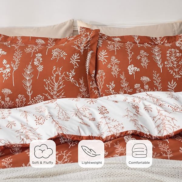 BEDSURE TERRACOTTA QUEEN COMFORTER SET – REVERSIBLE FLORAL BED SET, SOFT SUMMER LIGHTWEIGHT BEDDING FOR BEDROOM, 1 SOFT BOTANICAL FLOWERS COMFORTER AND 2 PILLOW SHAMS