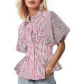 Soamat Womens Striped Button Down Shirts Short Sleeve Pleated Peplum Shirts Dressy Casual Lapel Tops Summer Business Blouse,Red White, Medium