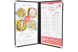 Ylittaa Menu Covers/Booklet, Double Pages, 2 Pockets, 4 View, for 8.5" x 14" Legal Size Paper, Pack of 6, Black Edging + Silver Metal Corner, Made with Leatherette & Vinyl