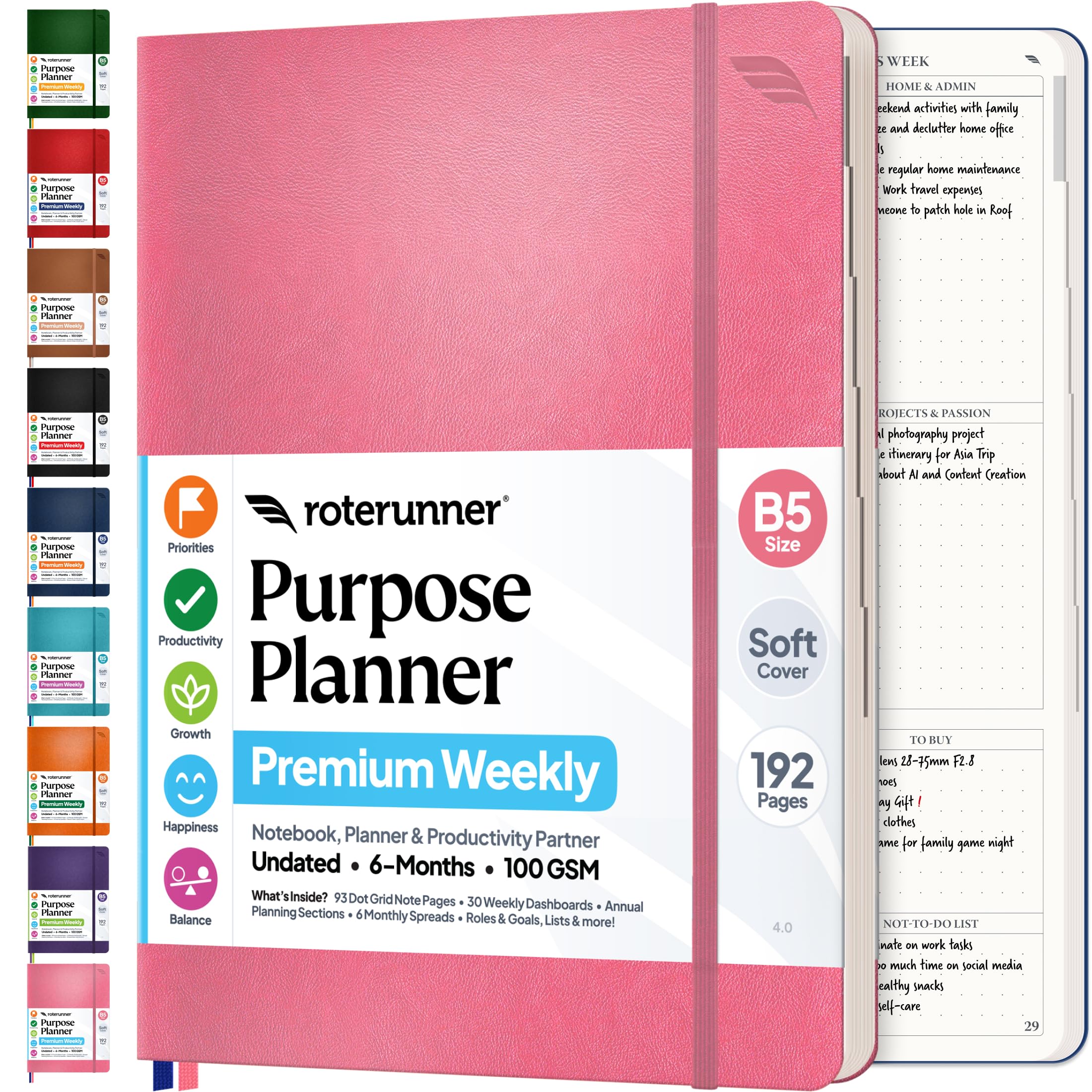 Roterunner Purpose Planner Notebook B5 7.5”x9.8” Undated Planner 2025 Daily Weekly and Monthly Productivity Goal Setting Tool for Work Home ADHD Planner for Adults Self Care Journal