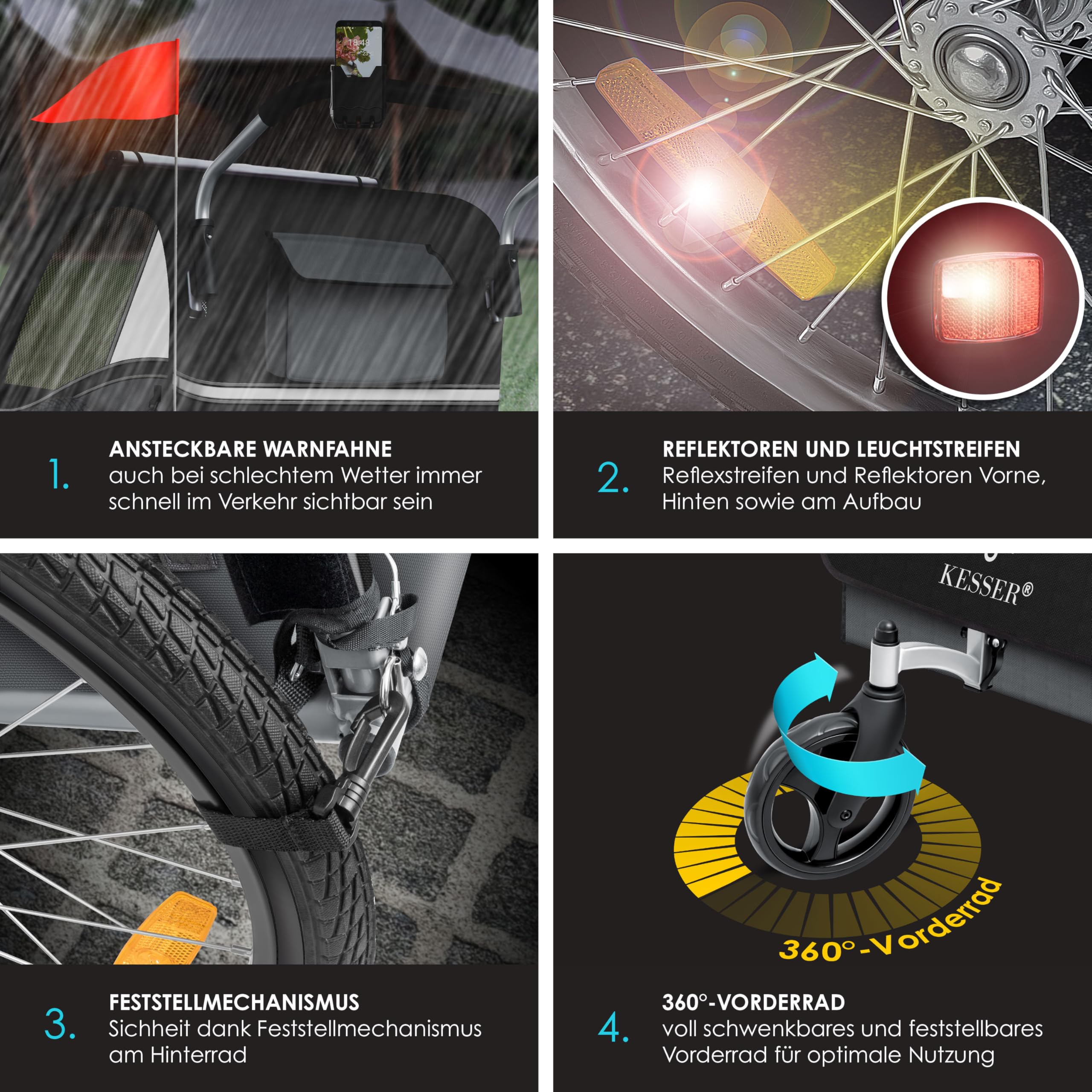 KESSER® Kinderfahrradanhänger Sport-RX 2in1 Jogger & Buggy 5-Punkt-Gurt Sicherheitsgurt 360° Vorderrad Kinderfahrradanhänger Reflektoren für 1-2 Kinder (max. 40 kg) Getränkehalter & Smartphonefach 4