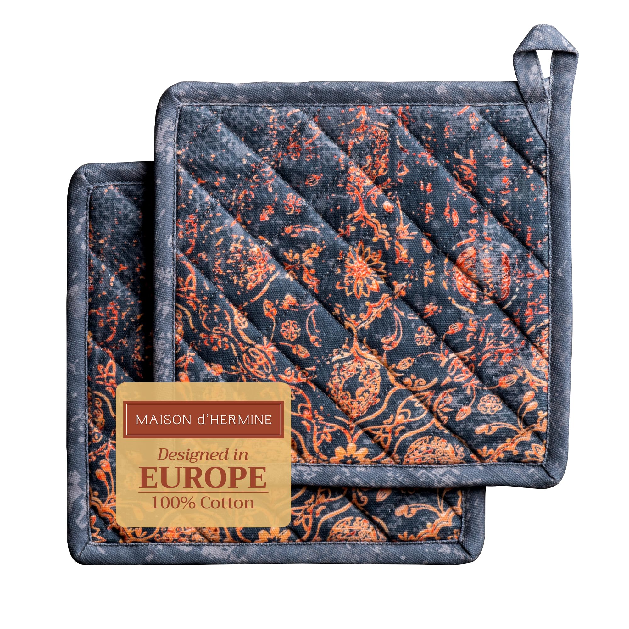 Maison d' Hermine Pot Holders Set 100% Cotton Heat Resistant Potholders 20 cm x 20 cm Hot Pads with Loop for Christmas Decorations BBQ Cooking Baking Handling Hot Pans (Pack of 2, Imperfection)