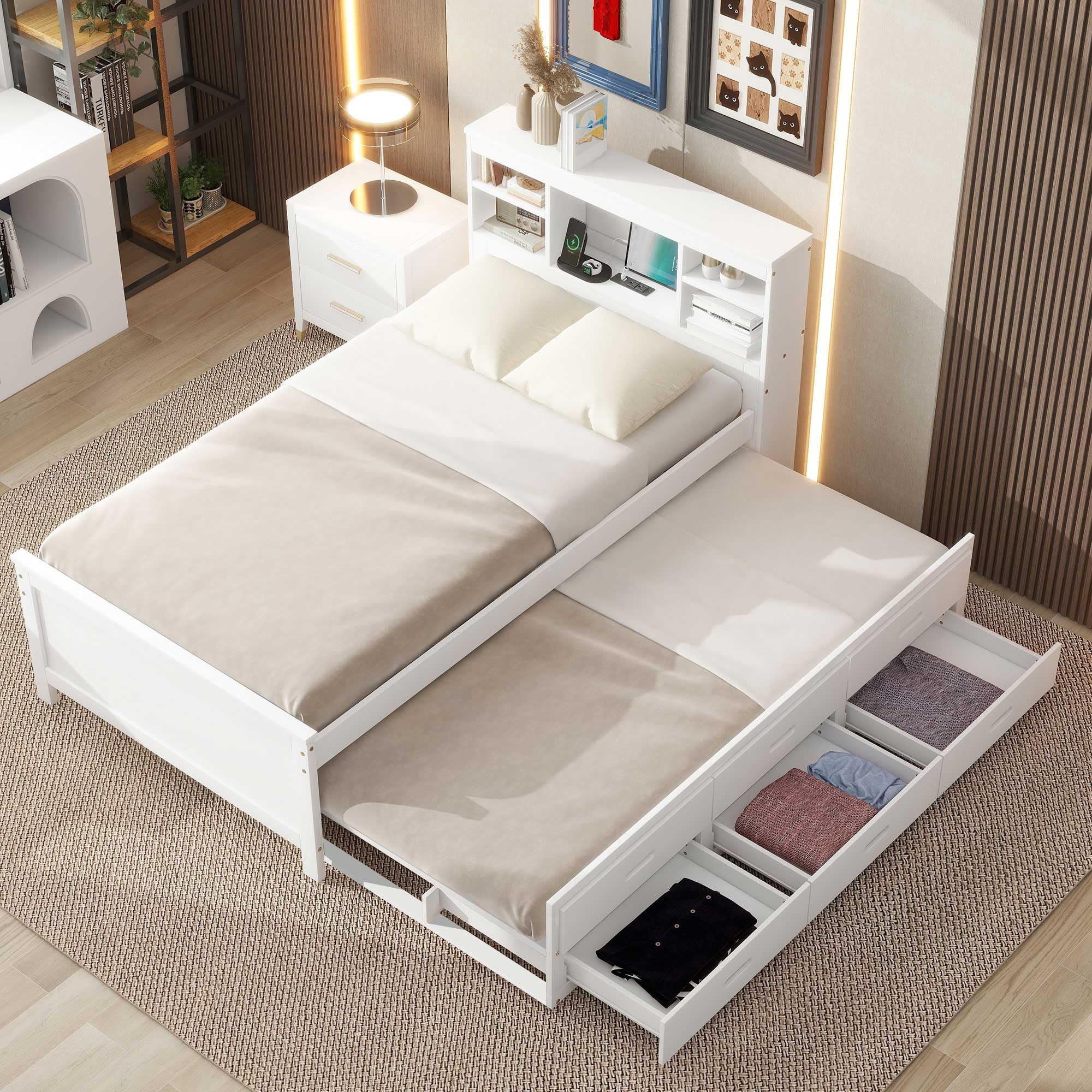 Photo 1 of **Missing Box 2, only to use to parts**Merax Twin Size Platform Bed with Storage Headboard, USB, Wood Bedframe with Twin Size Trundle and 3 Drawers, White