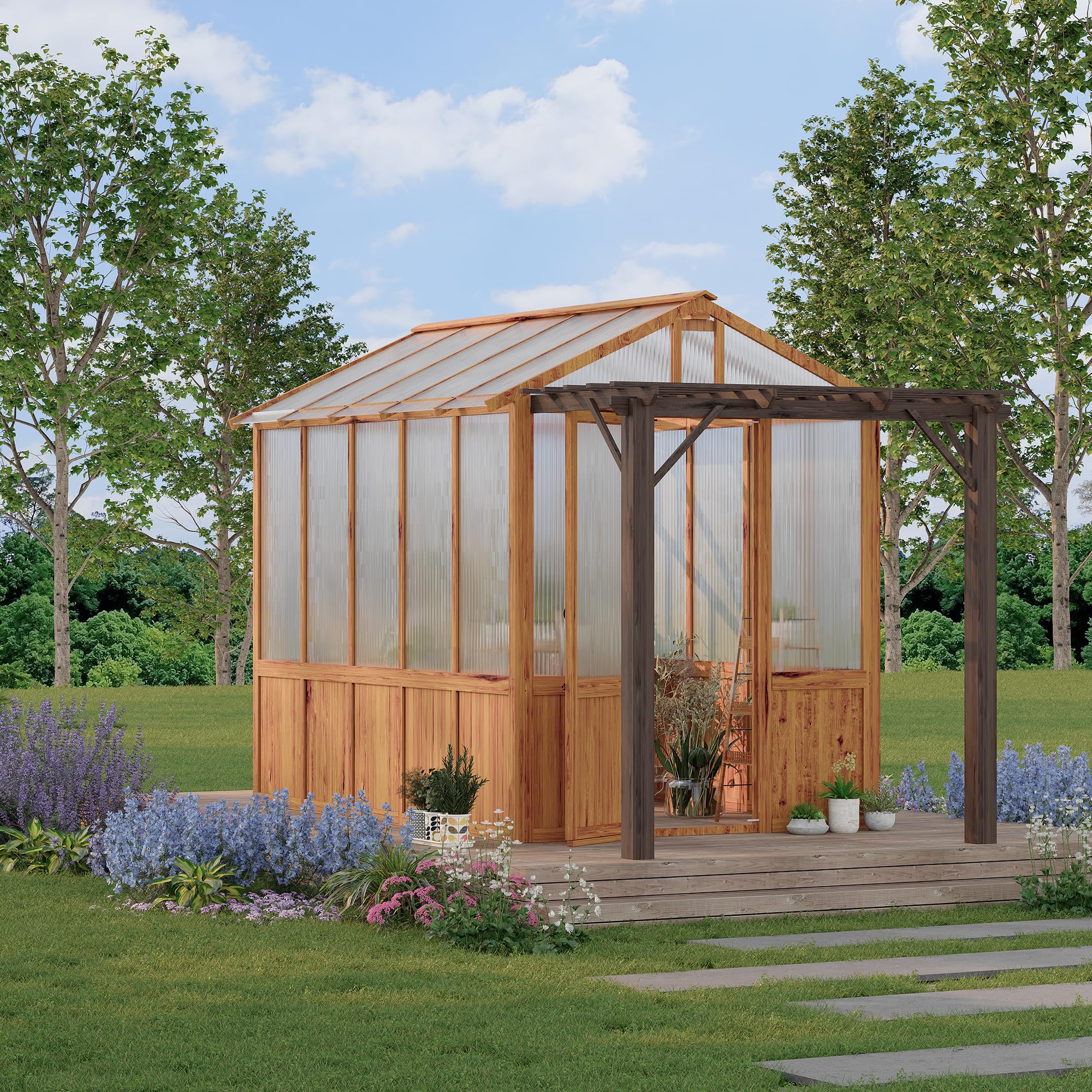 Photo 1 of ********DOSENT COME WITH WINDOWS********8X13ft Greenhouse Kit with Pergola, Wooden Walk-in Green House with Cedar Frame, Greenhouse Kit with 6mm Thick Polycarbonate Panel