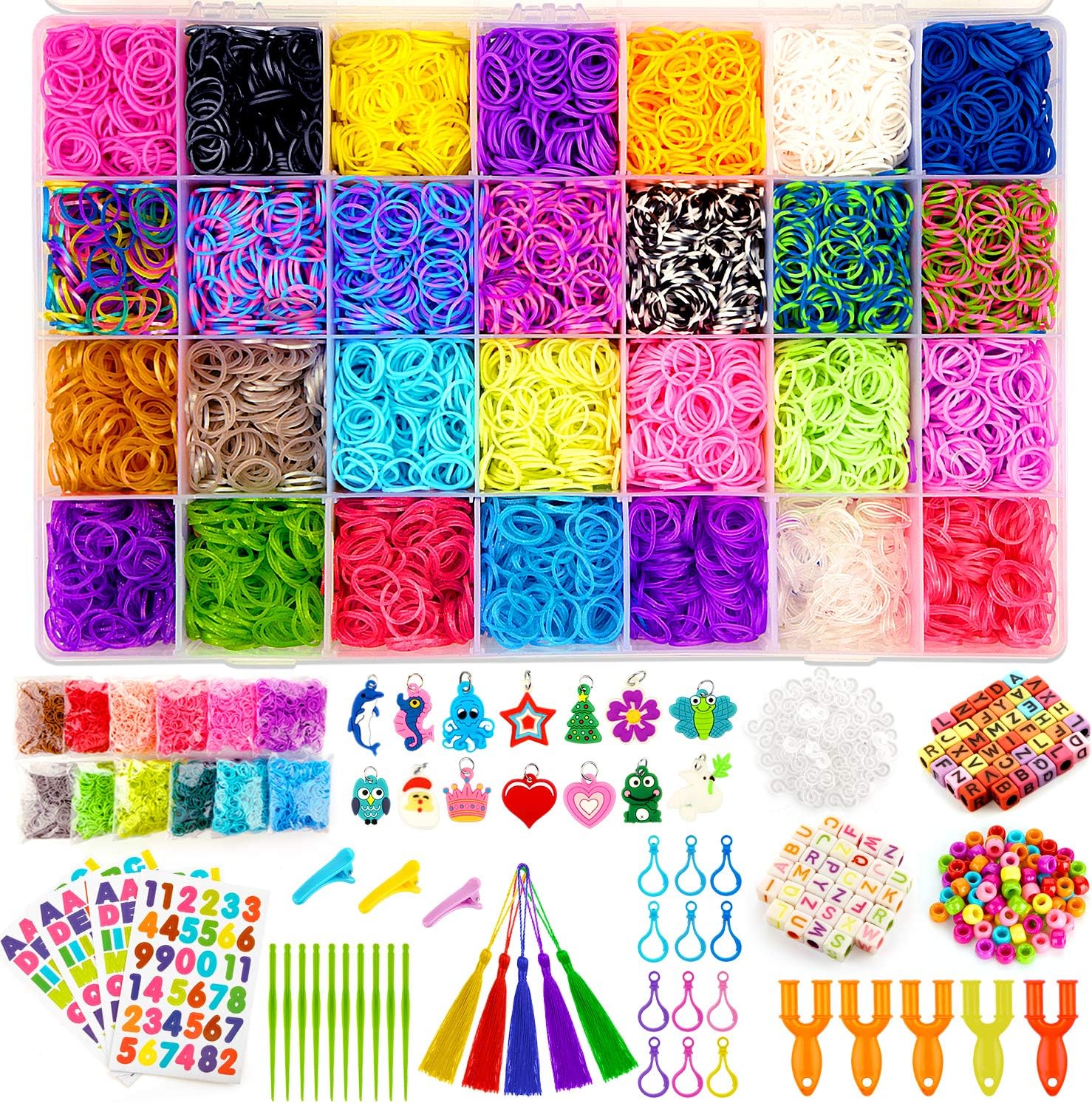 Kaqinu 21000+ Rubber Bands Refill Kit, Over 19500 Premium Loom Bands, 1200 S-Clips, 402 Beads, 30 Charms, 5 Y Looms, ABC Stickers, Crochet Hooks, Backpack Hooks with Organizer Box for Kids