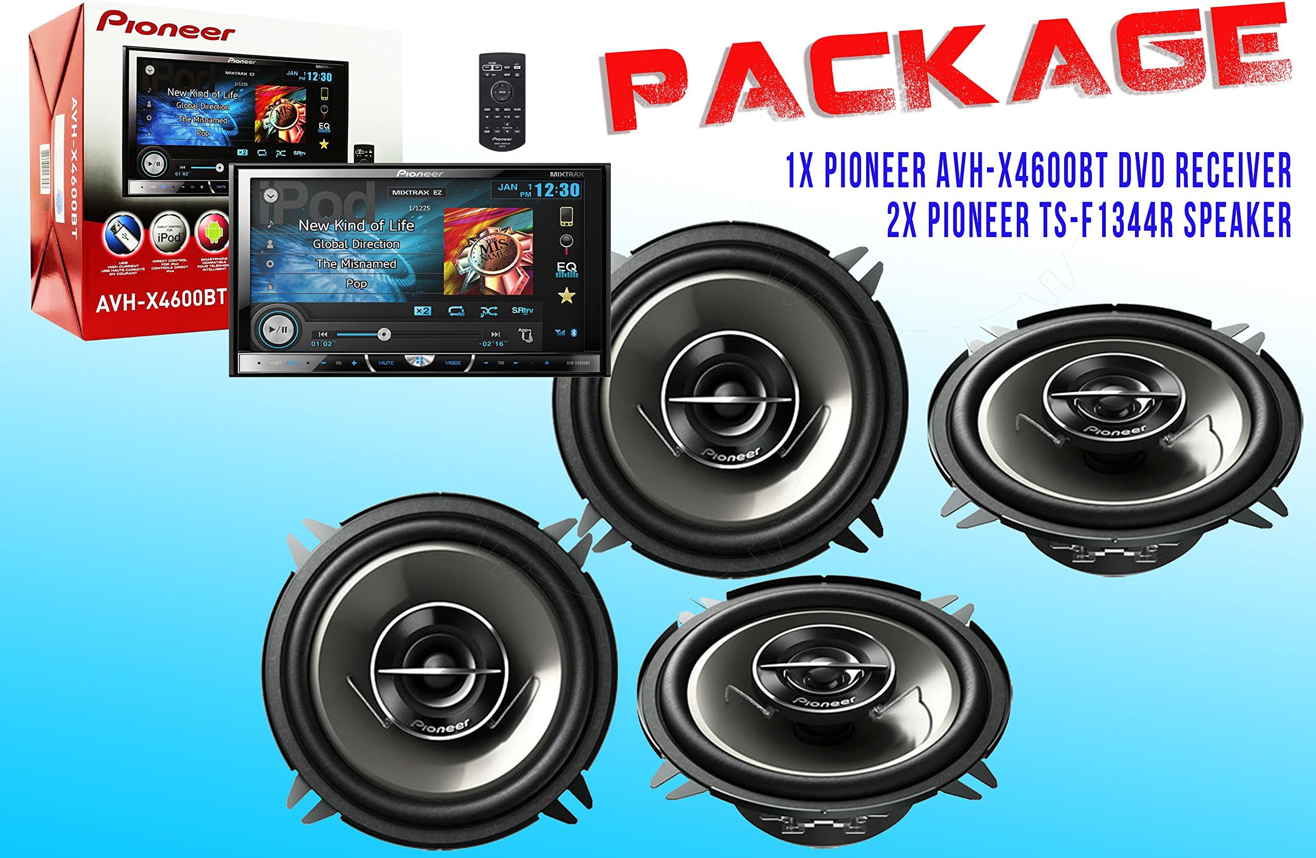 PACKAGE ! Pioneer AVH-X4600BT DVD Receiver + Two Set Pioneer TS-G1344R Car Speakers - 4 Speakers