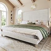 HUAHUU King Size Bed Frame with 51.2" Tall Headboard, Corduroy Upholstered Bed Frame with Wingback, Platform Bed with Wooden Slats Support, Easy Assembly, No Box Spring Needed, Beige