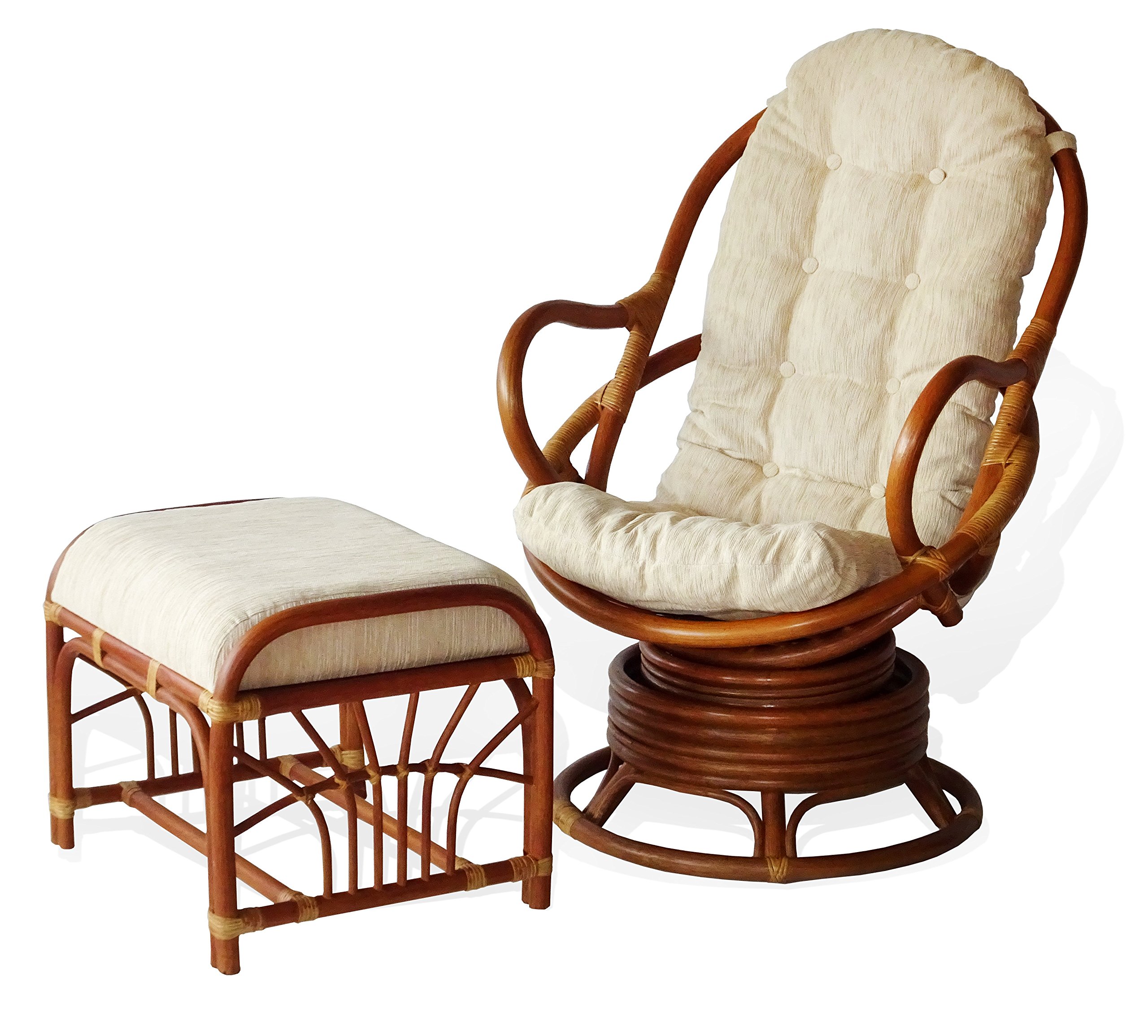 Lounge Set of 2: Swivel Rocking Java Chair Natural Rattan Wicker Handmade and Ottoman Krit with Cream Cushion, Cognac