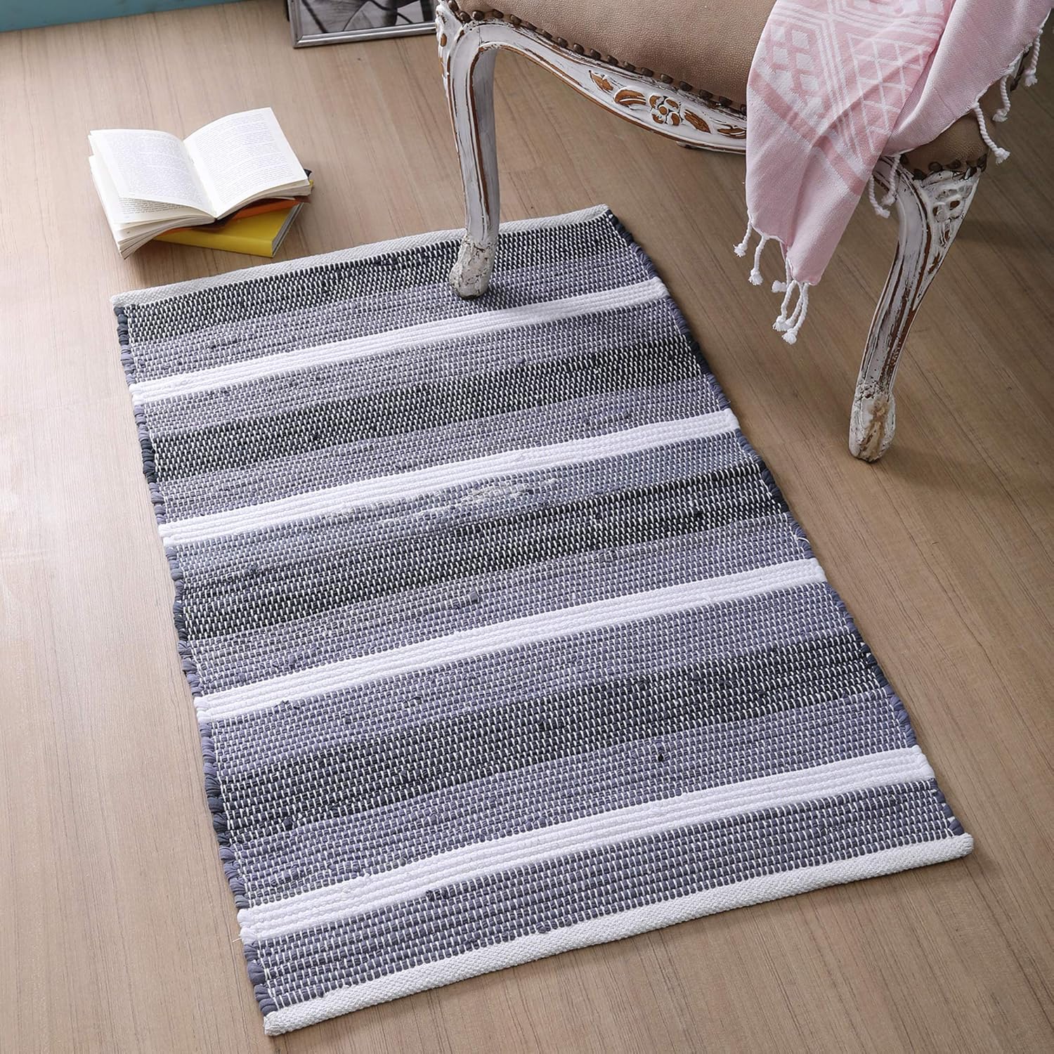 Cotton Multi Chindi Stripe Rugs 24x36 inch Charcoal/White