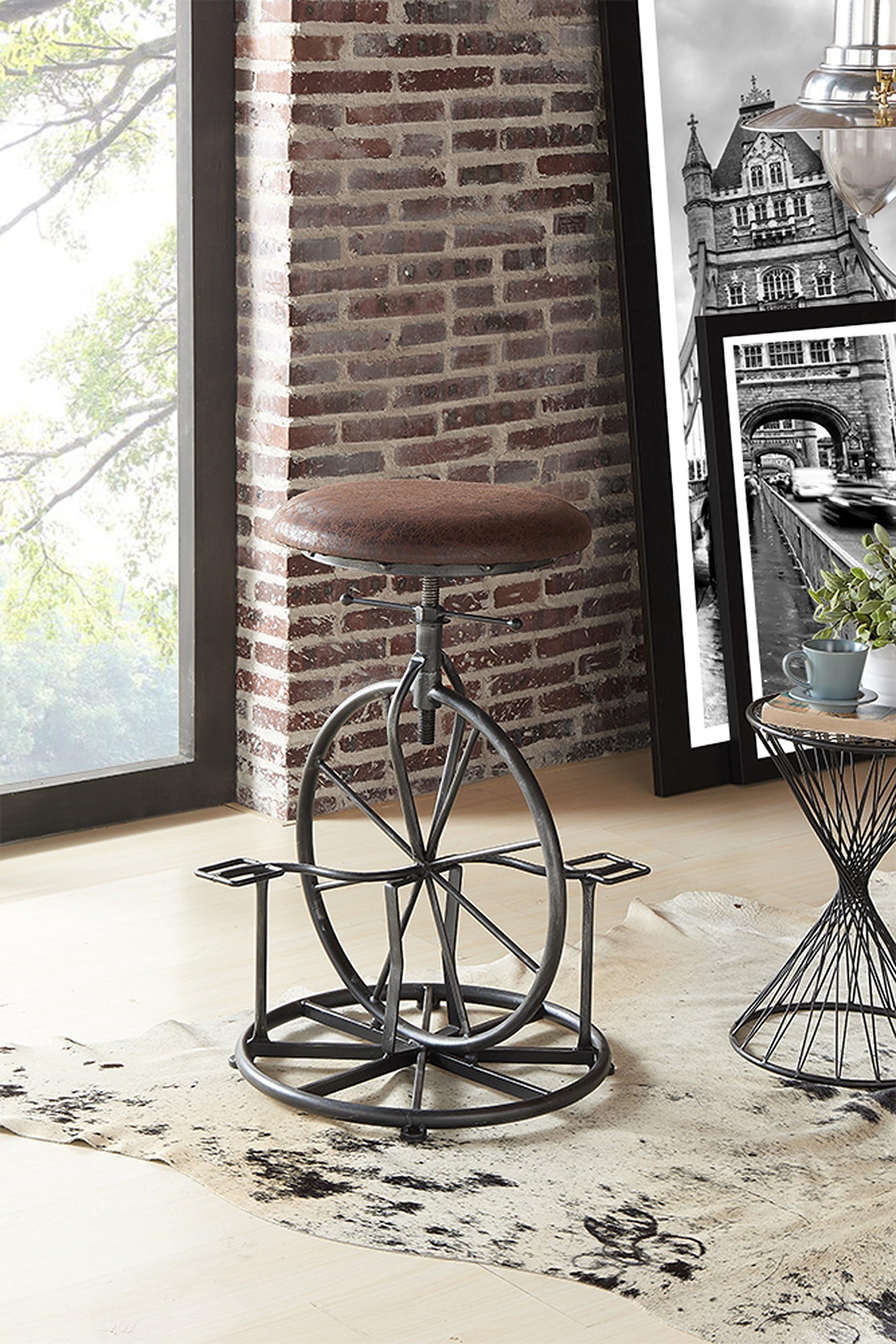 Armen Living Harlem Adjustable Barstool in Wrangler Fabric and Industrial Grey Metal Finish
