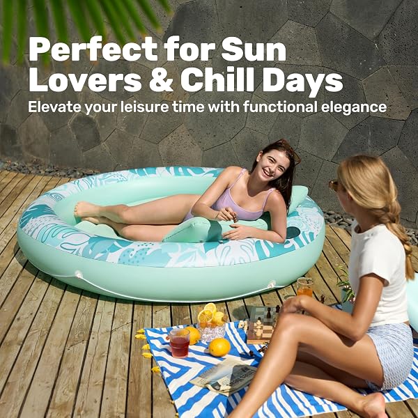 SLOOSH INFLATABLE TANNING POOL LOUNGER FLOAT, 72″ X 56″ POOL FLOATS ADULT WITH PILLOW, 4 IN 1 ROUND SUNTAN TUB RAFT FLOATIE,SUNBATHING BED LOUNGE FOR WATER BLOW UP BALL PIT PARTY GIFTS, CYAN