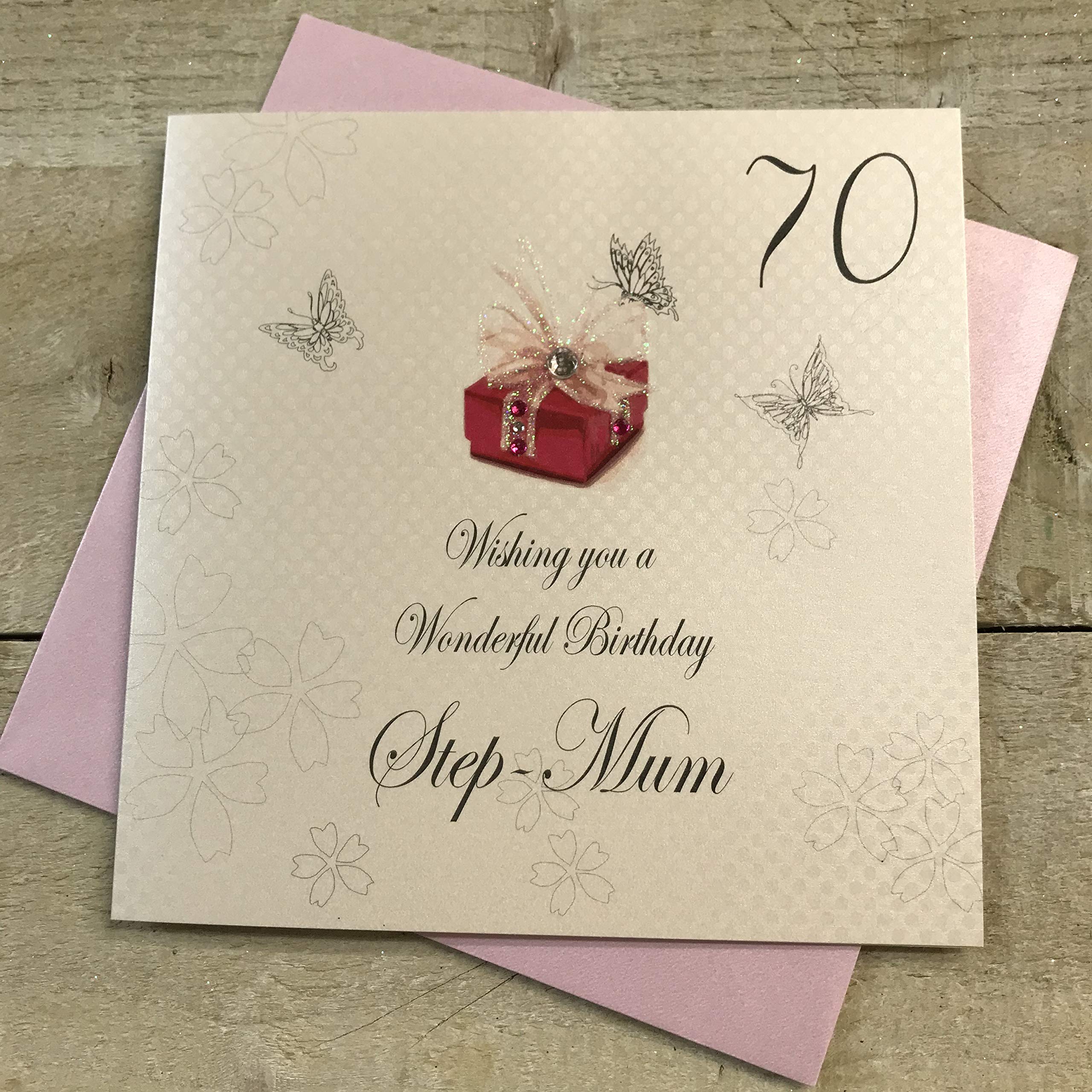 WHITE COTTON CARDS Wishing You a Wonderful Step-Mum, Handmade 70th Birthday Card (Red Present)