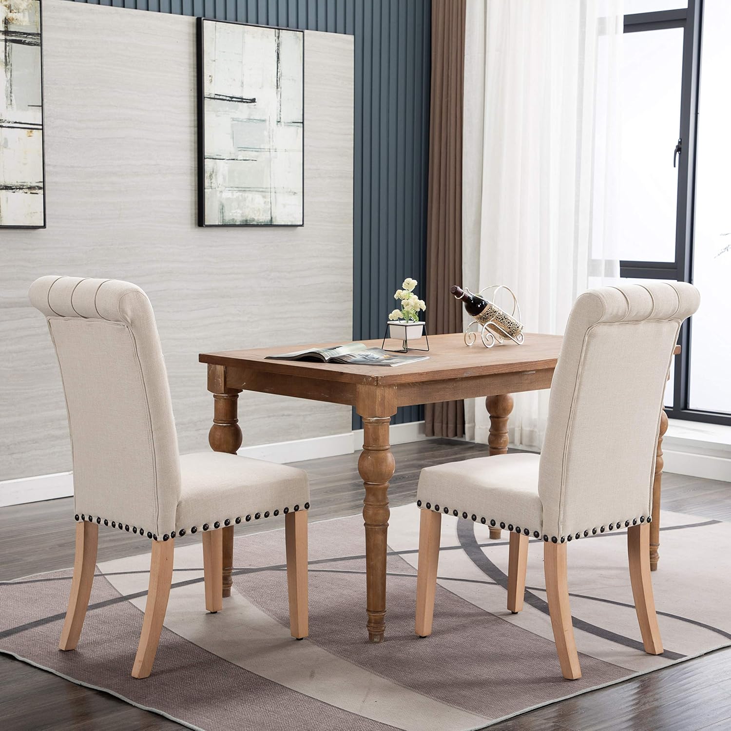 Luxuriour Fabric Dining Chairs, Pekko Kitchen Room with Copper Nails and Solid Wood Legs Set of 2 (Beige+A) - Chairs