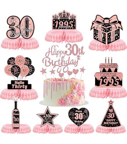 9-Piece Rose Gold 30th Birthday Centerpiece Kit - Honeycomb Decor For Women, Vintage 1994 Theme, Table Toppers & Signs
