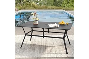 VICLLAX Rectangle Patio Dining Table for 6 Person, Outdoor Metal Steel Slat Table with Umbrella Hole for Patio, Lawn, Garden, Porch, Black