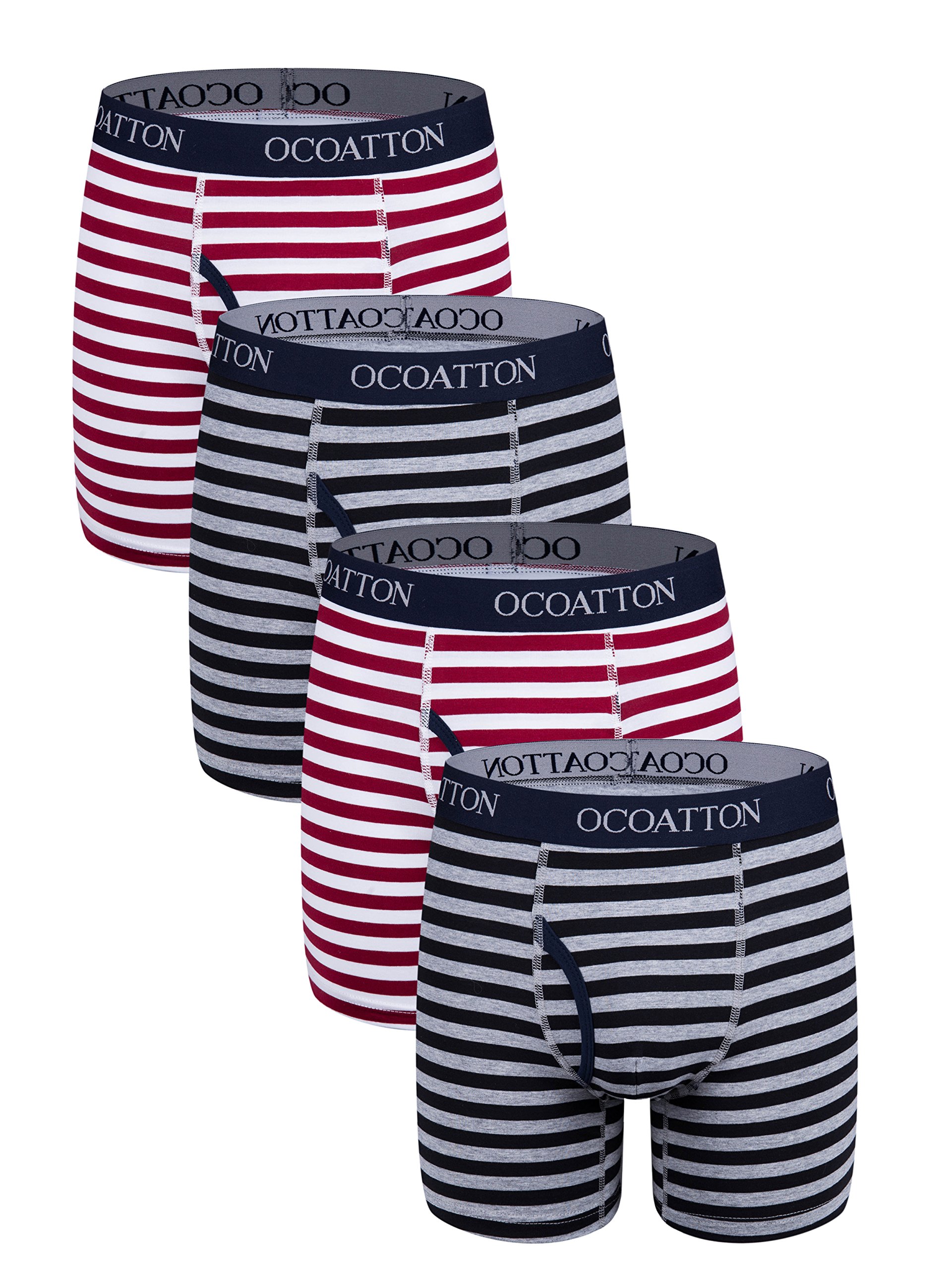 Ocoatton Striped Boxer Briefs Soft Cotton Underwear For Men With Front Fly 4-Pack (M, 2black/2win red)
