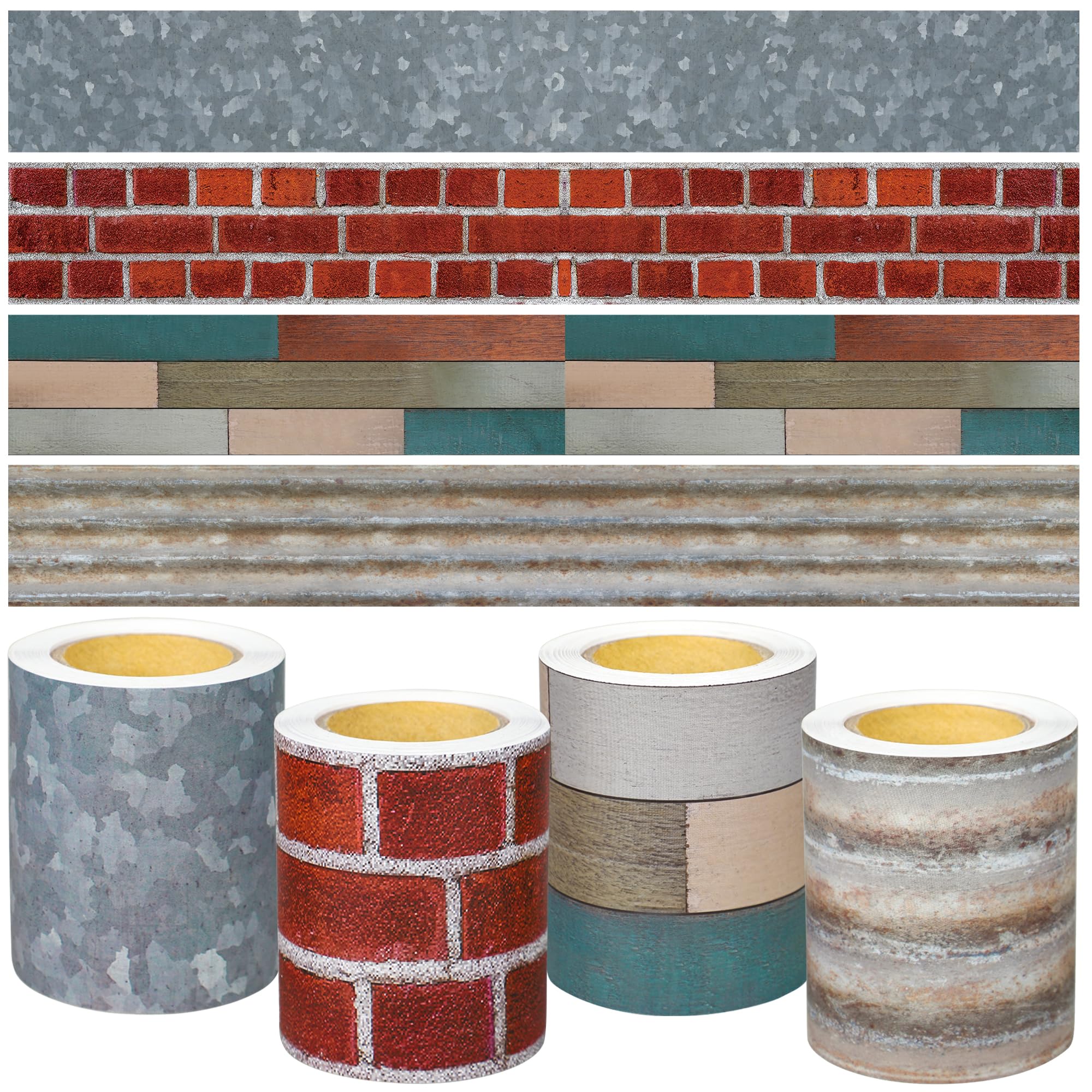Photo 1 of 131.2 Ft Classroom Bulletin Borders Industrial Border Trims Colorful Sweet Classroom Border Rolls Farmhouse Wood Brick Bulletin Board Sticker for School Office Chalkboard Wall Decoration, 4 Rolls