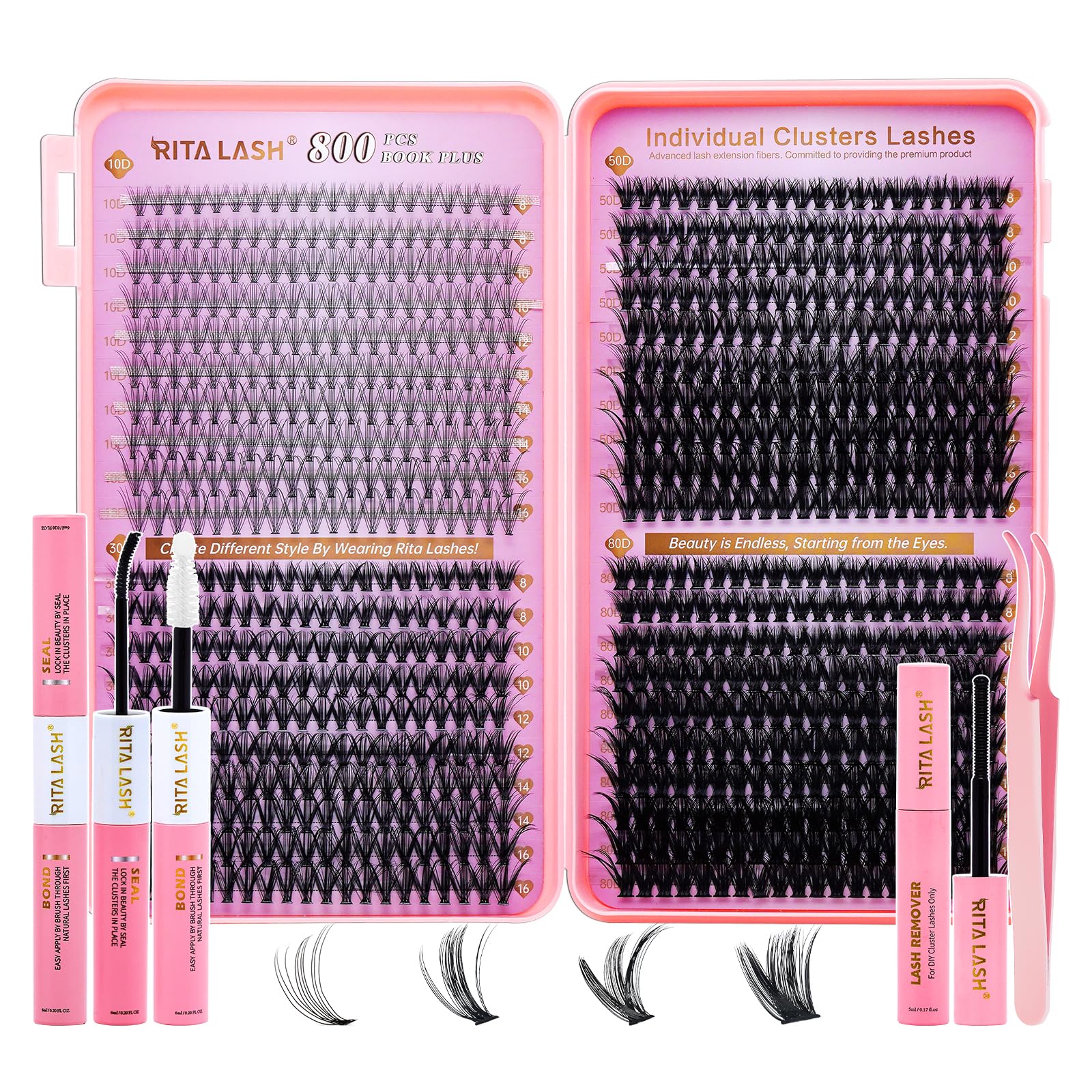 RITALASH DIY Eyelash Extension Kit, 800PCS Cluster Lash Book Set with Bond & Seal, Remover, Tweezers, D-Curl Lashes in 8-16mm (10D+30D+50D+80D Kit) — image 1