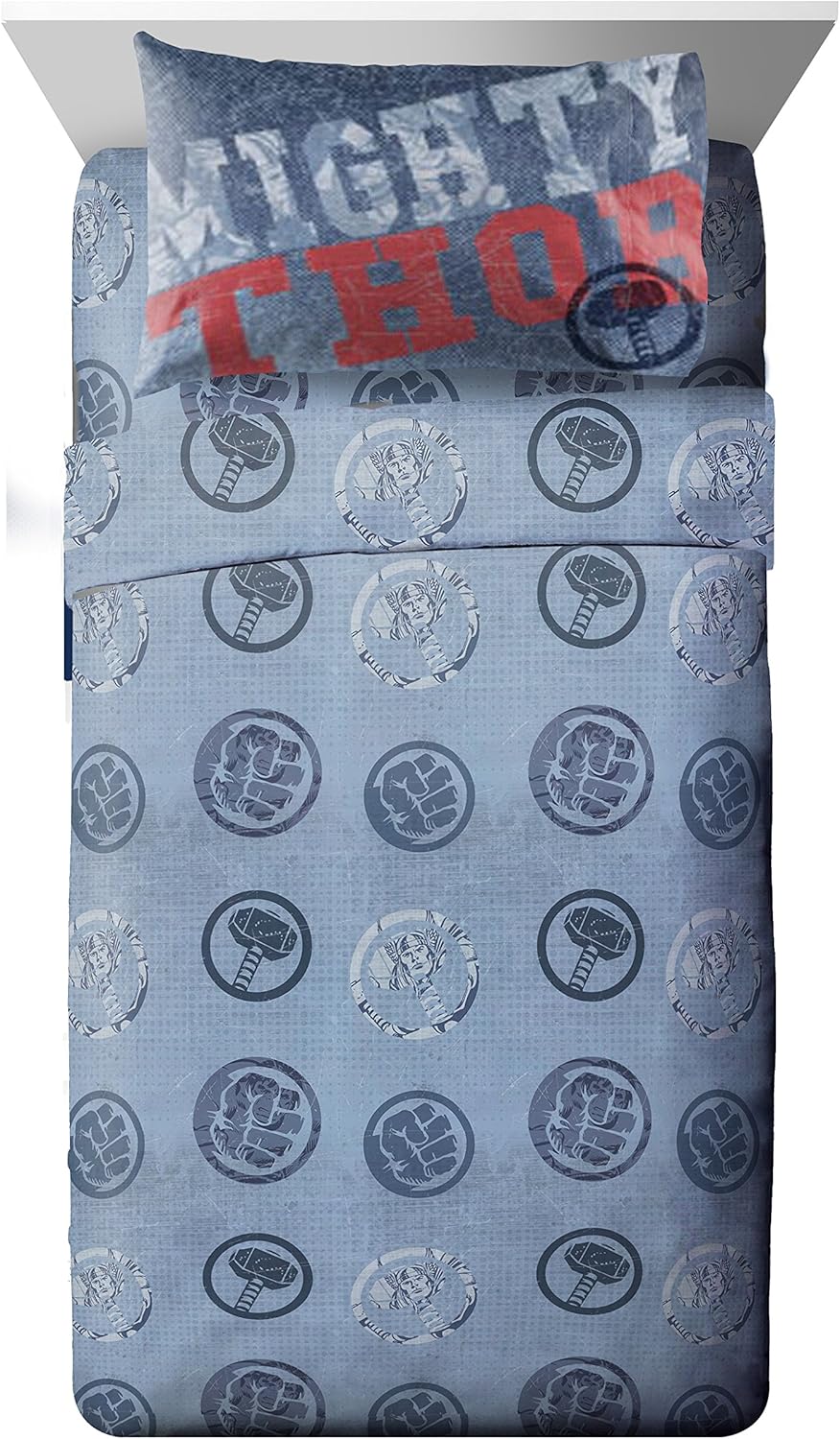 Jay Franco Marvel Mighty 3 Piece Twin Sheet Set, Avengers - Thor