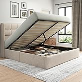 Lifezone Queen Size Lift Up Storage Bed Frame, Linen Upholstered Queen Platform with Button Tufted Wingback Headboard and Under-Bed Storage, Hydraulic Support, No Box Spring Needed, Noise Free, Beige