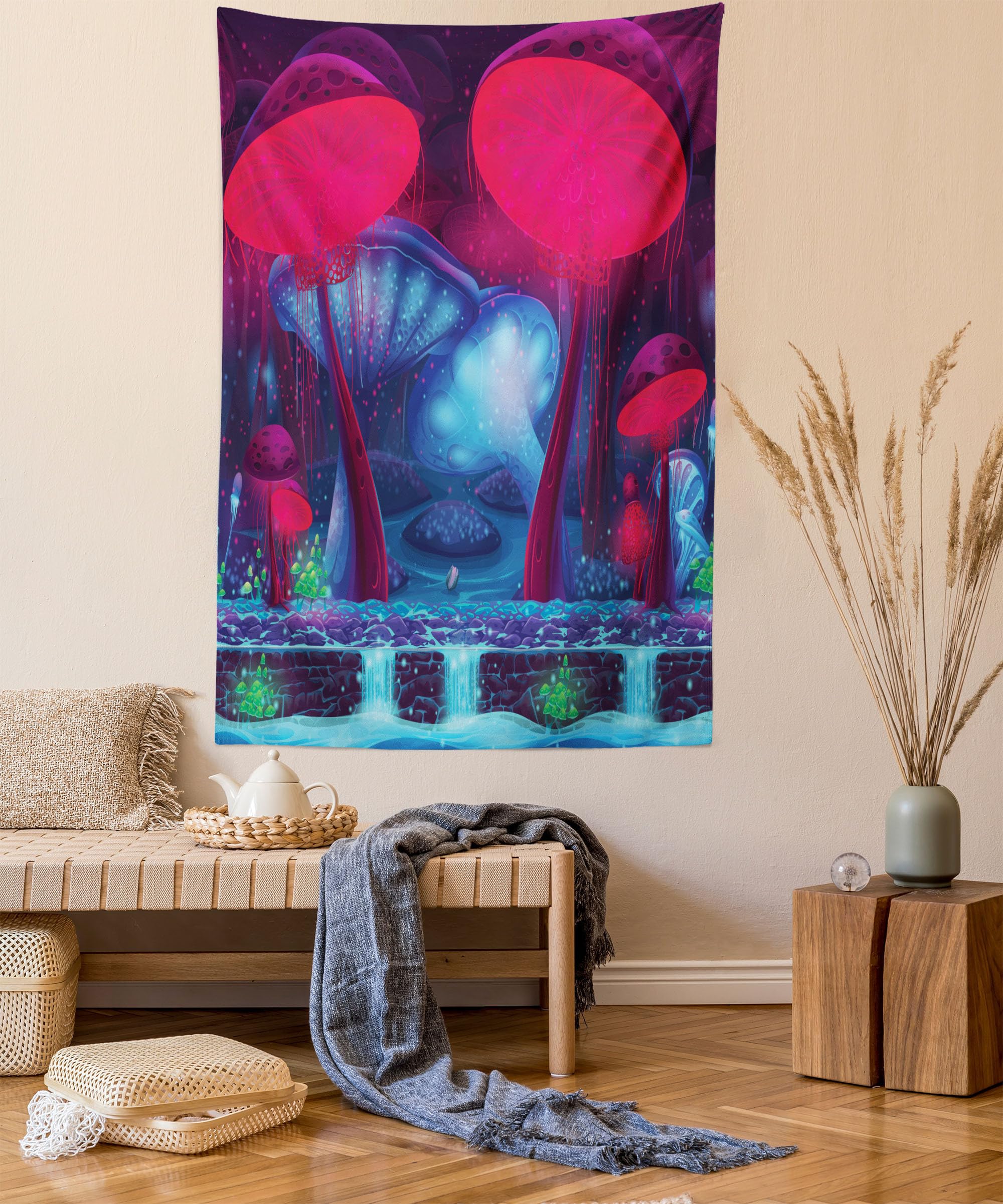 ABAKUHAUS Mushroom Tapestry, Magic Mushrooms with Vibrant Neon Design Graphic Image Enchanted Forest Theme Print, Fabric Wall Hanging Decor for Bedroom Living Room Dorm, 54 W X 90 L, Blue Red