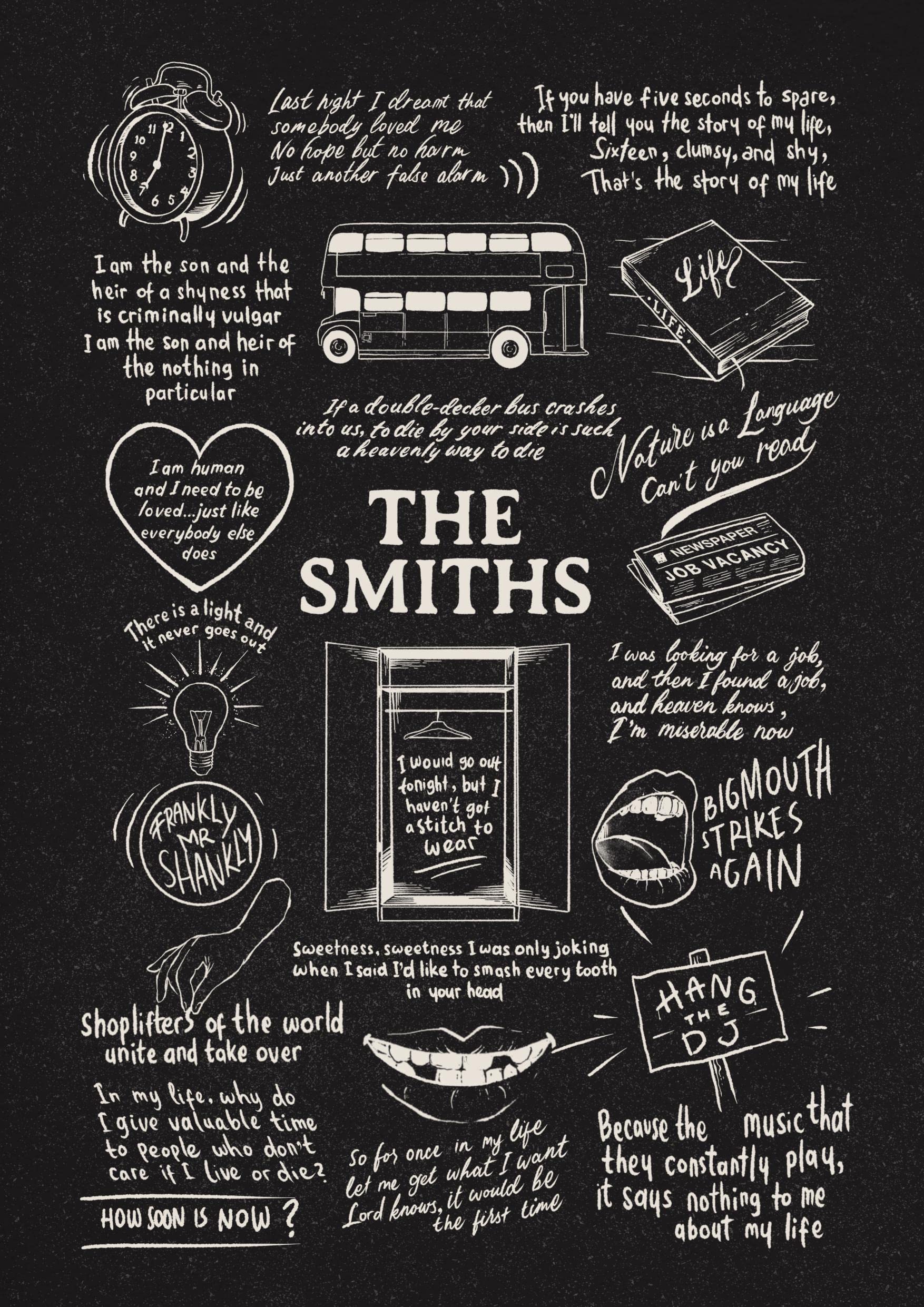 The Smiths Doodle Lyric Poster - The Smiths Print Gifts - The Smiths Artwork Gift for The Smiths Lover Music Poster (Black Chalkboard, A4 Unframed)