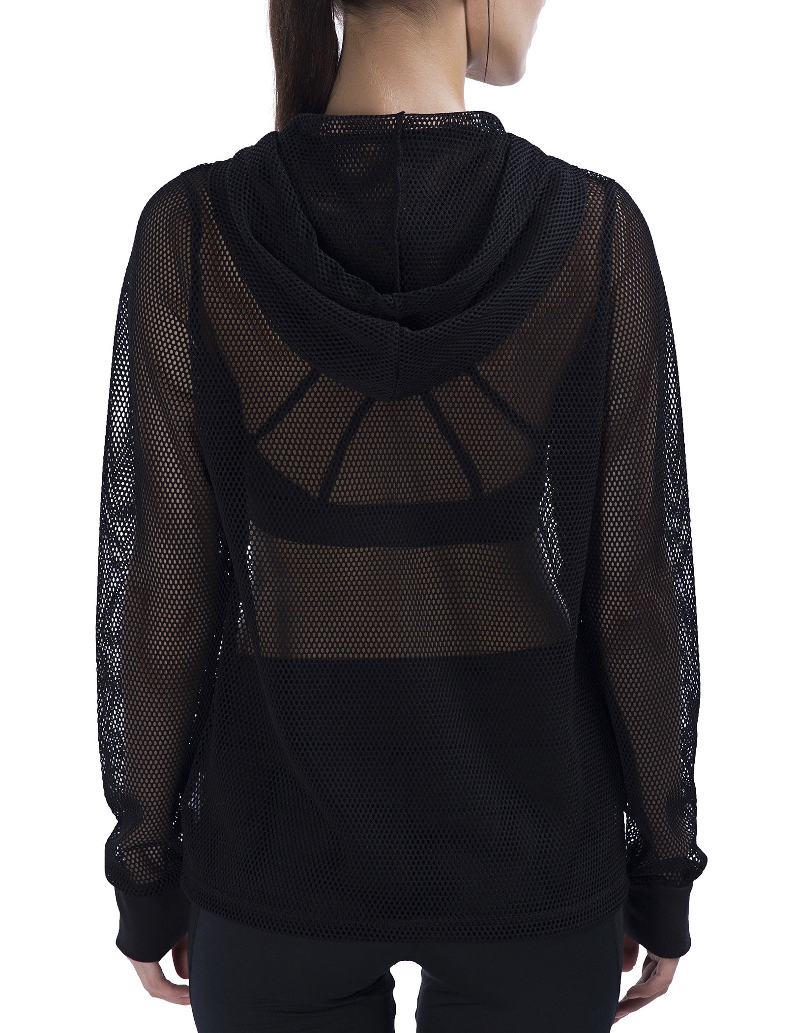 SPECIAL MAGIC Women\'s Long Sleeve Full Mesh Hooded Hoodie With Metal Zip Black L